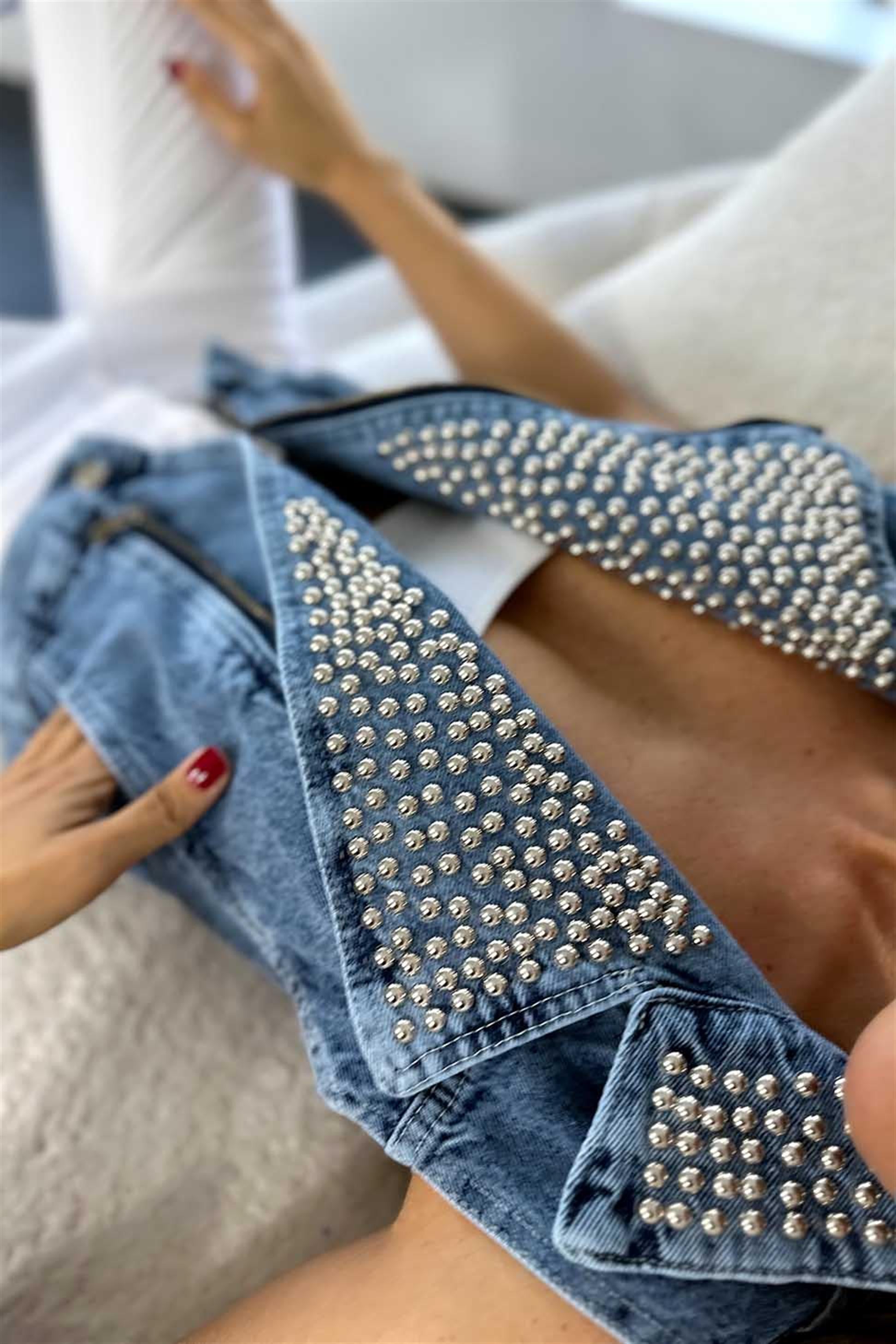 Premium Kalite Yakası Zımba Detaylı Denim Kadın Yelek Mavi