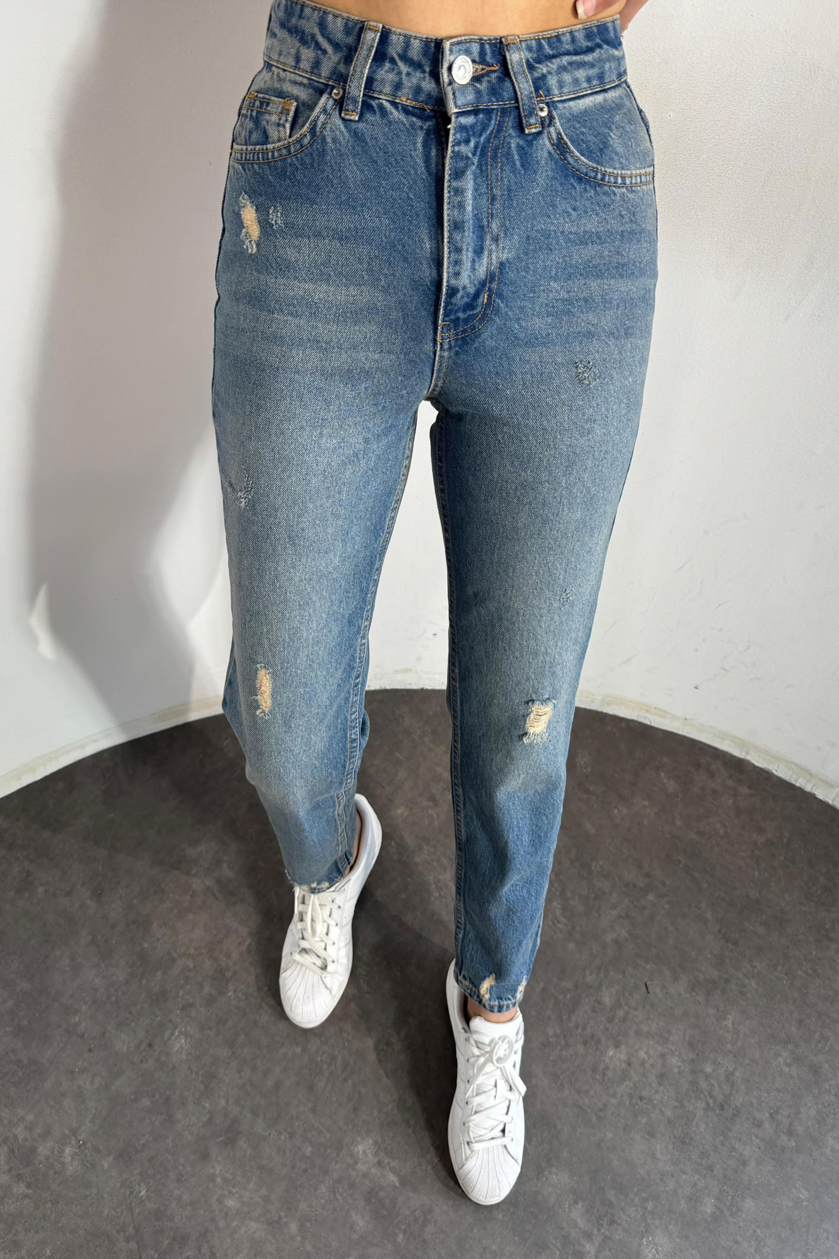 Premium Kalite Yırtık Detaylı Mom Jean Pantolon Koyu Mavi