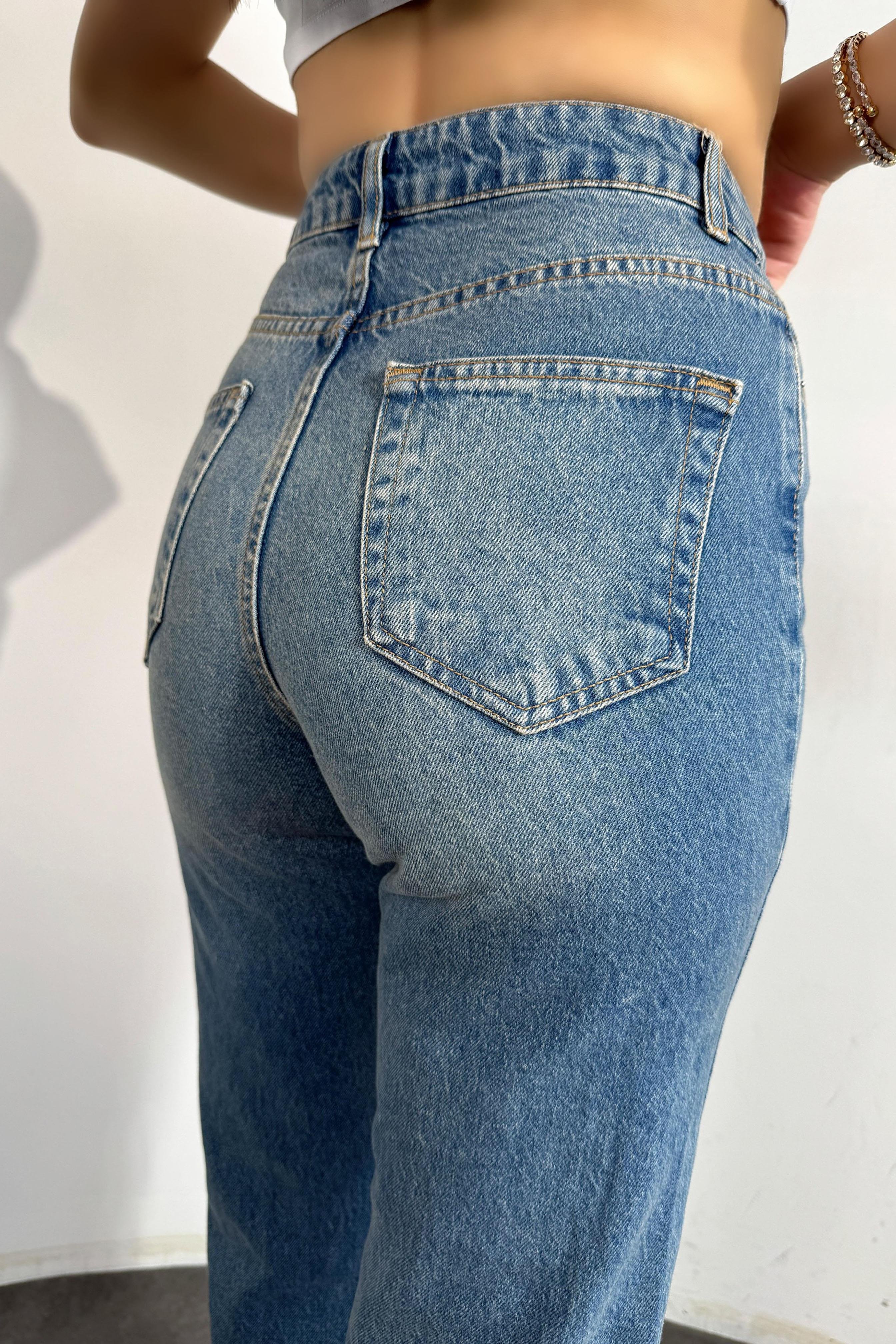Premium Kalite Yırtık Detaylı Mom Jean Pantolon Koyu Mavi