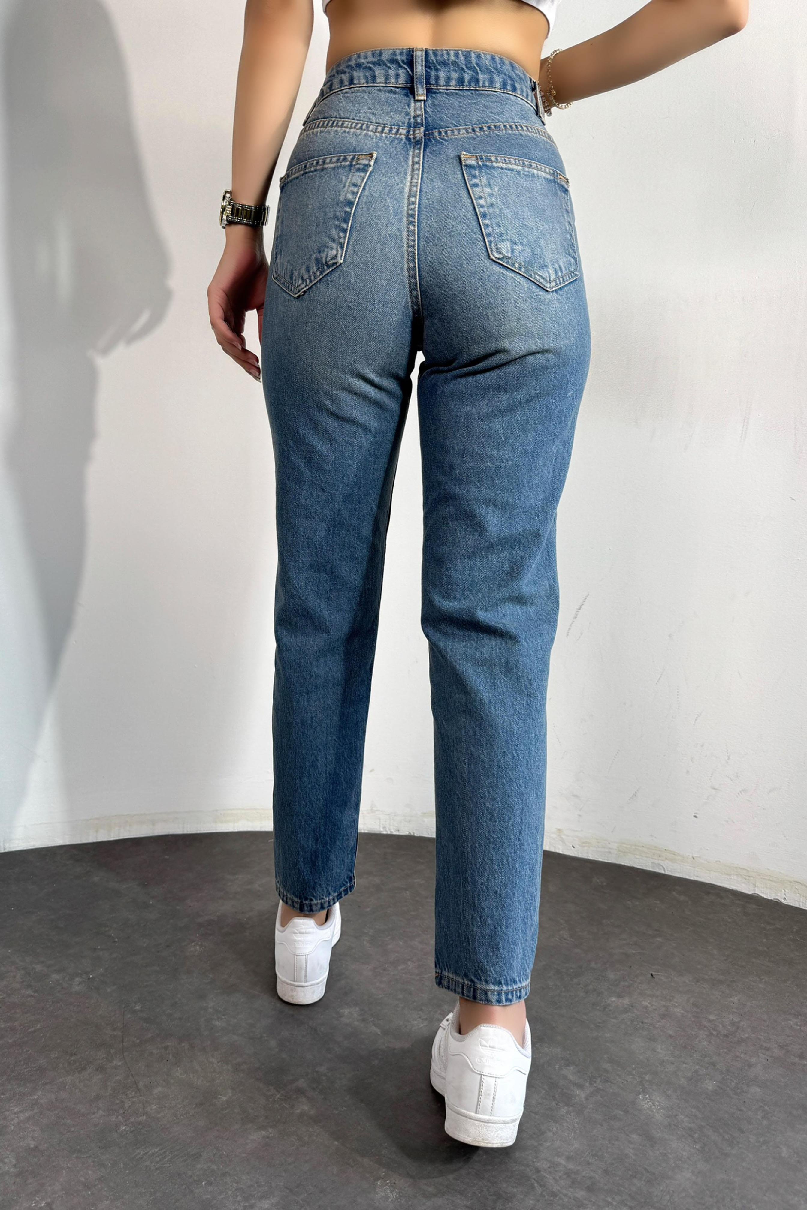 Premium Kalite Yırtık Detaylı Mom Jean Pantolon Koyu Mavi
