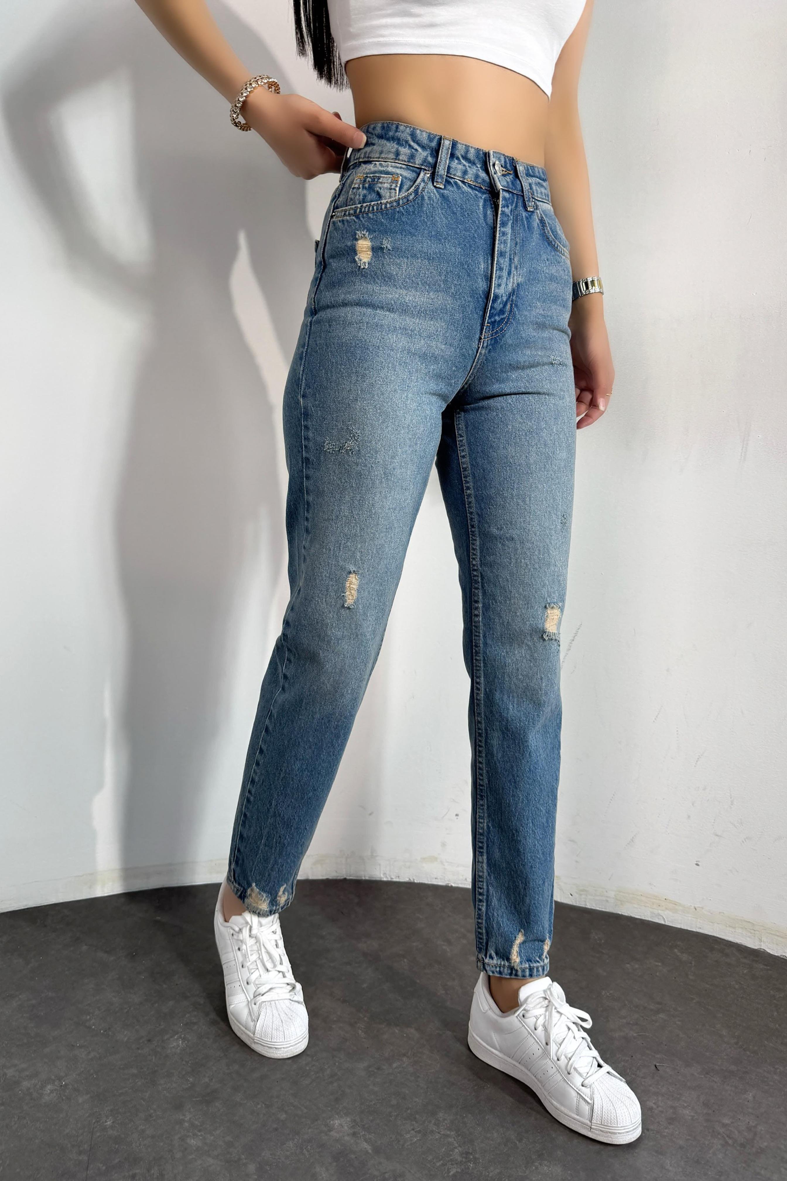 Premium Kalite Yırtık Detaylı Mom Jean Pantolon Koyu Mavi