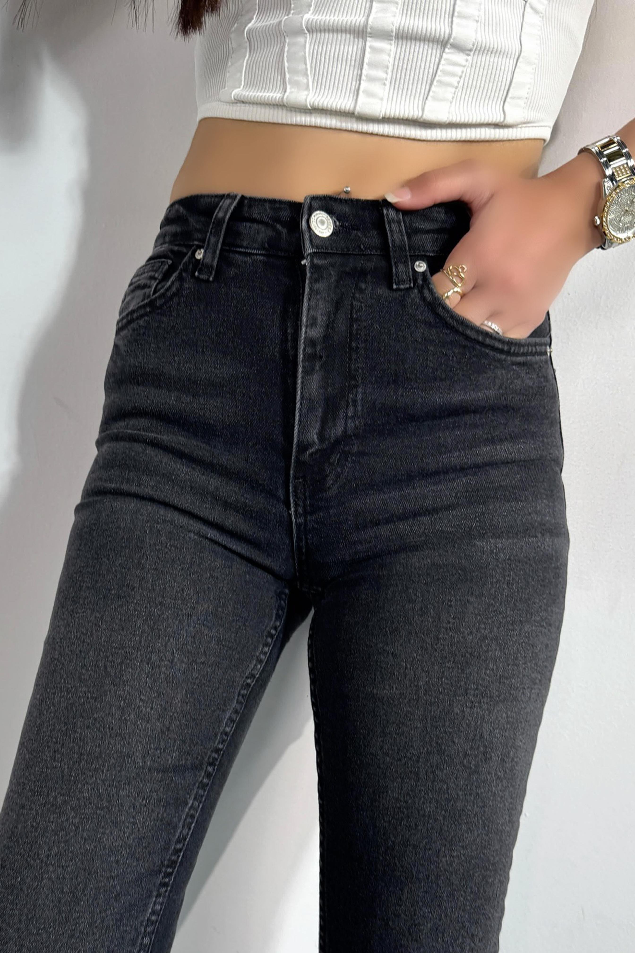Premium Kalite Yüksek Bel Boyfriend Jean Pantolon Koyu Füme