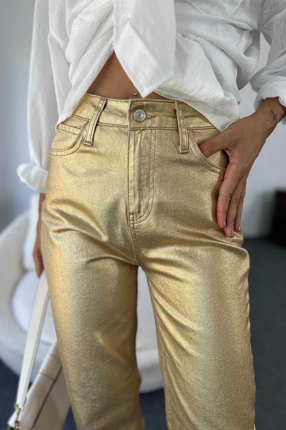 Premium Kalite Yüksek Bel Sim Detay Bol Paçalı Kadın Jean Pantolon GOLD