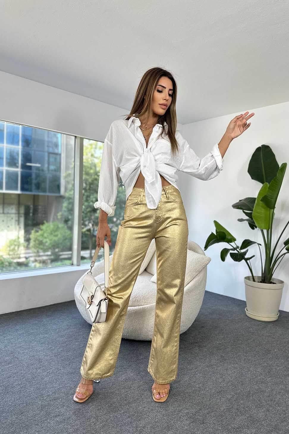 Premium Kalite Yüksek Bel Sim Detay Bol Paçalı Kadın Jean Pantolon GOLD