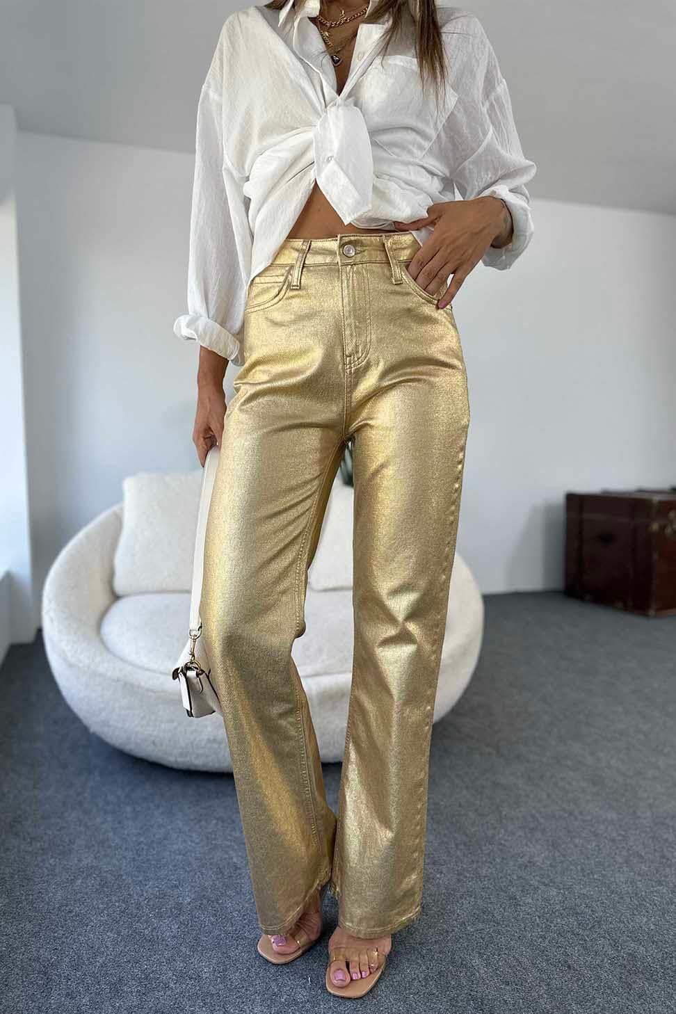Premium Kalite Yüksek Bel Sim Detay Bol Paçalı Kadın Jean Pantolon GOLD
