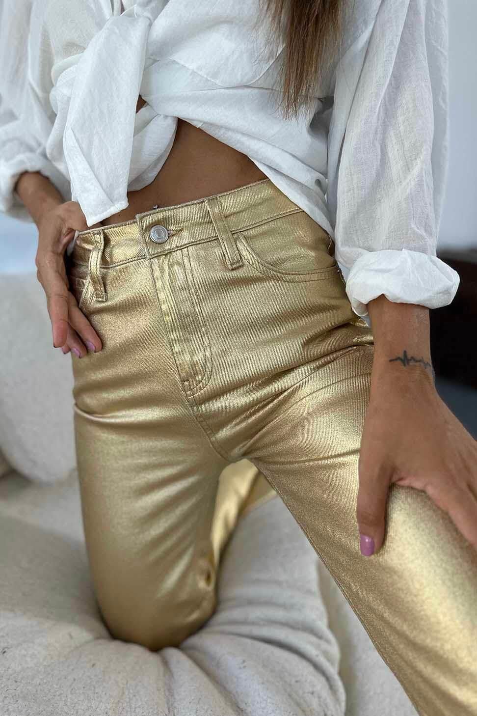 Premium Kalite Yüksek Bel Sim Detay Bol Paçalı Kadın Jean Pantolon GOLD