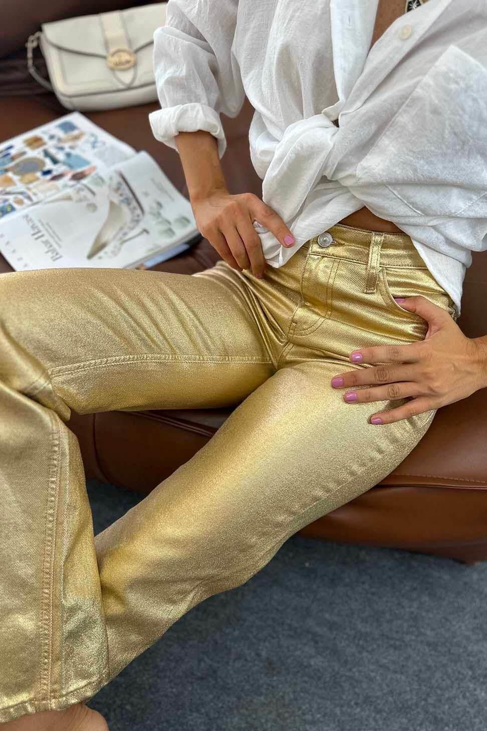 Premium Kalite Yüksek Bel Sim Detay Bol Paçalı Kadın Jean Pantolon GOLD