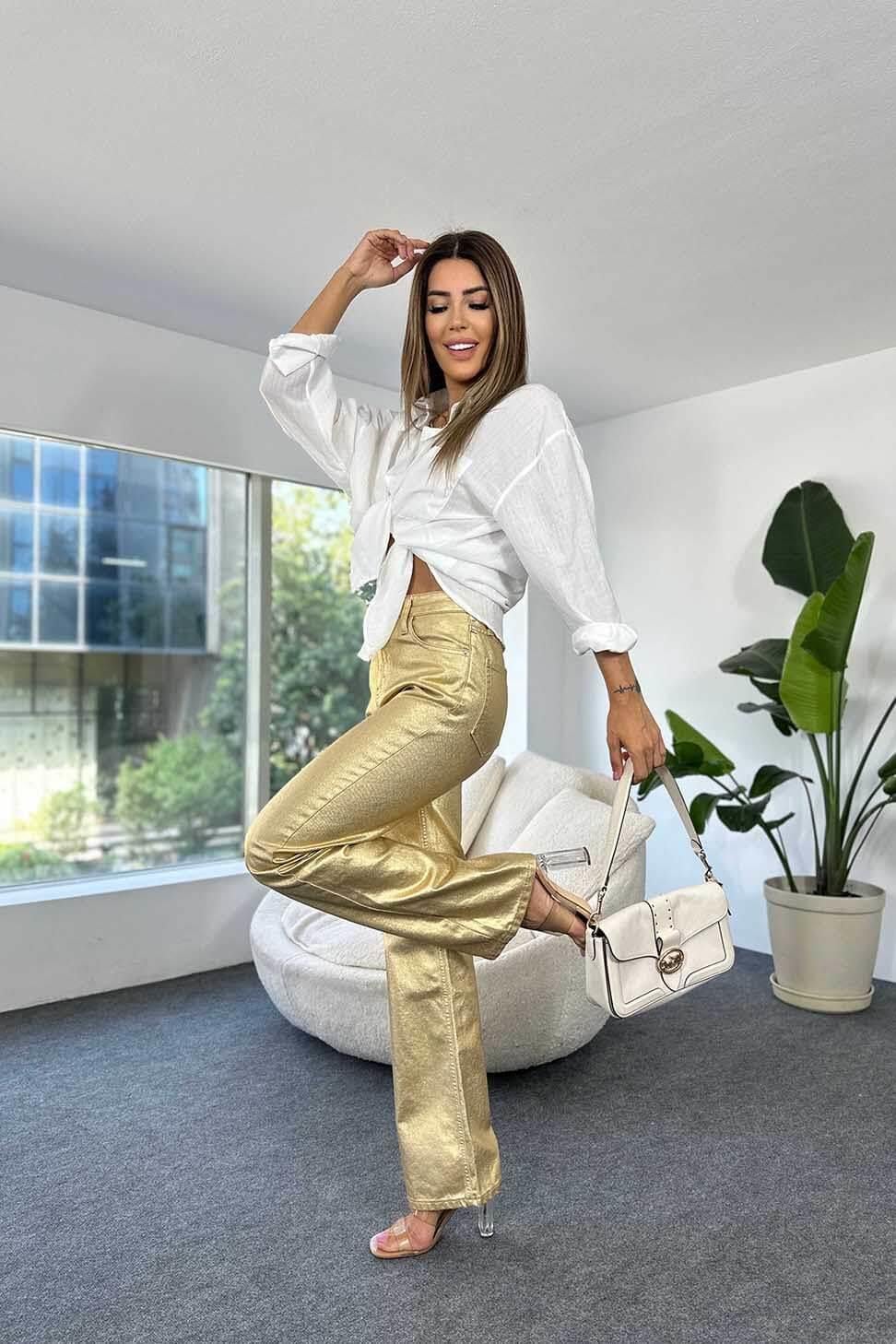 Premium Kalite Yüksek Bel Sim Detay Bol Paçalı Kadın Jean Pantolon GOLD