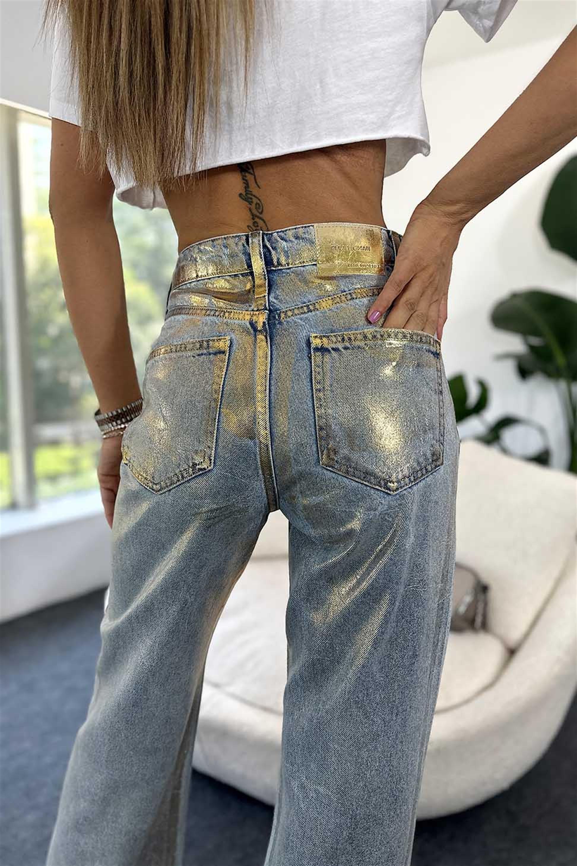 Premium Kalite Yüksek Bel Sim Detaylı Jean Pantalon Gümüş