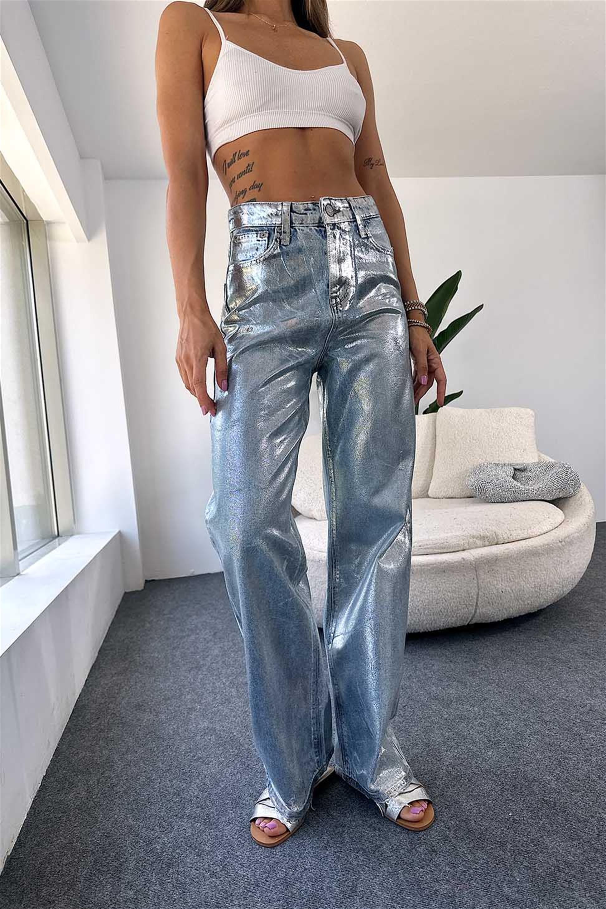 Premium Kalite Yüksek Bel Sim Detaylı Jean Pantalon Gümüş
