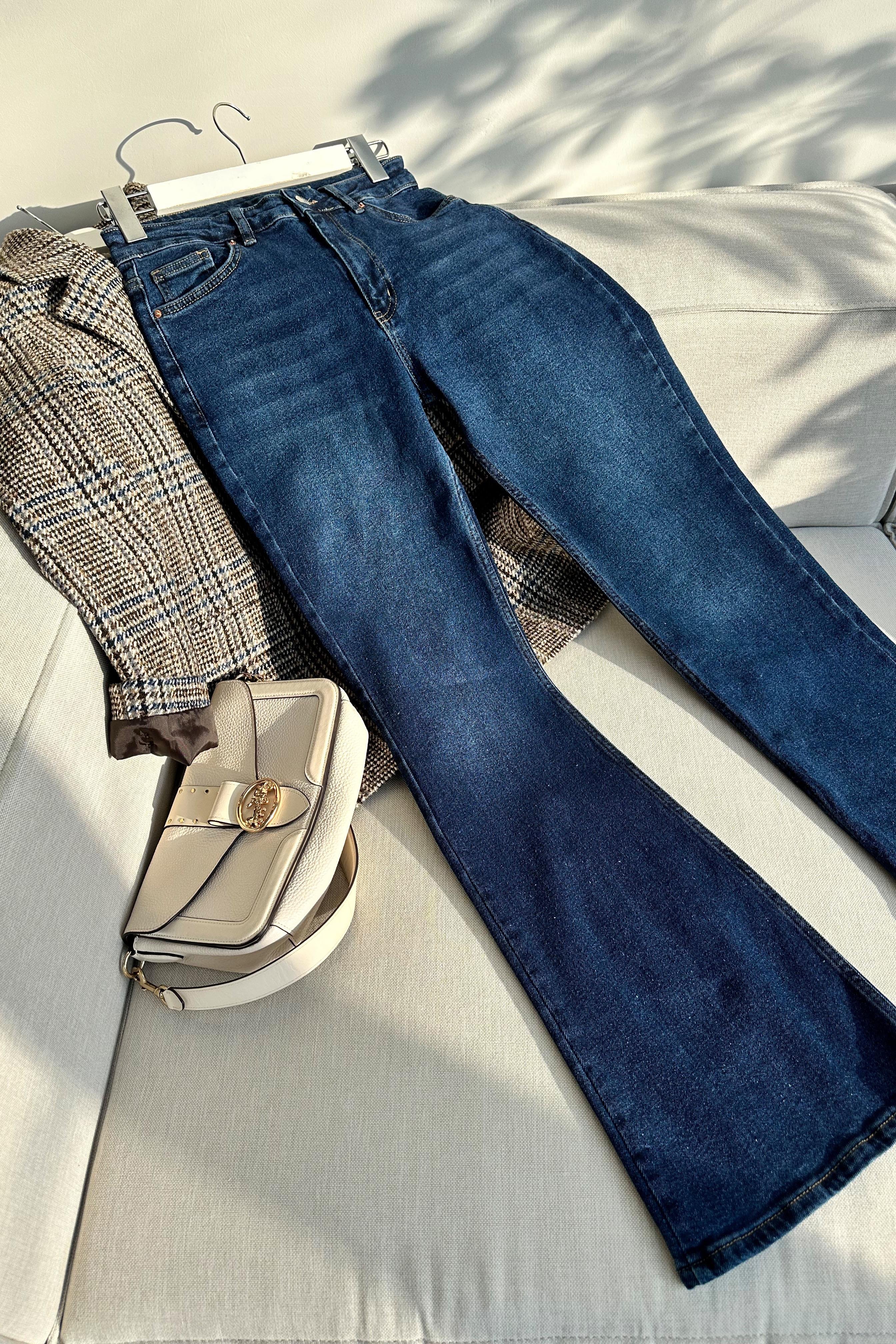 Premium Kalite Yüksek Bel Straight Jean Pantolon Koyu Mavi
