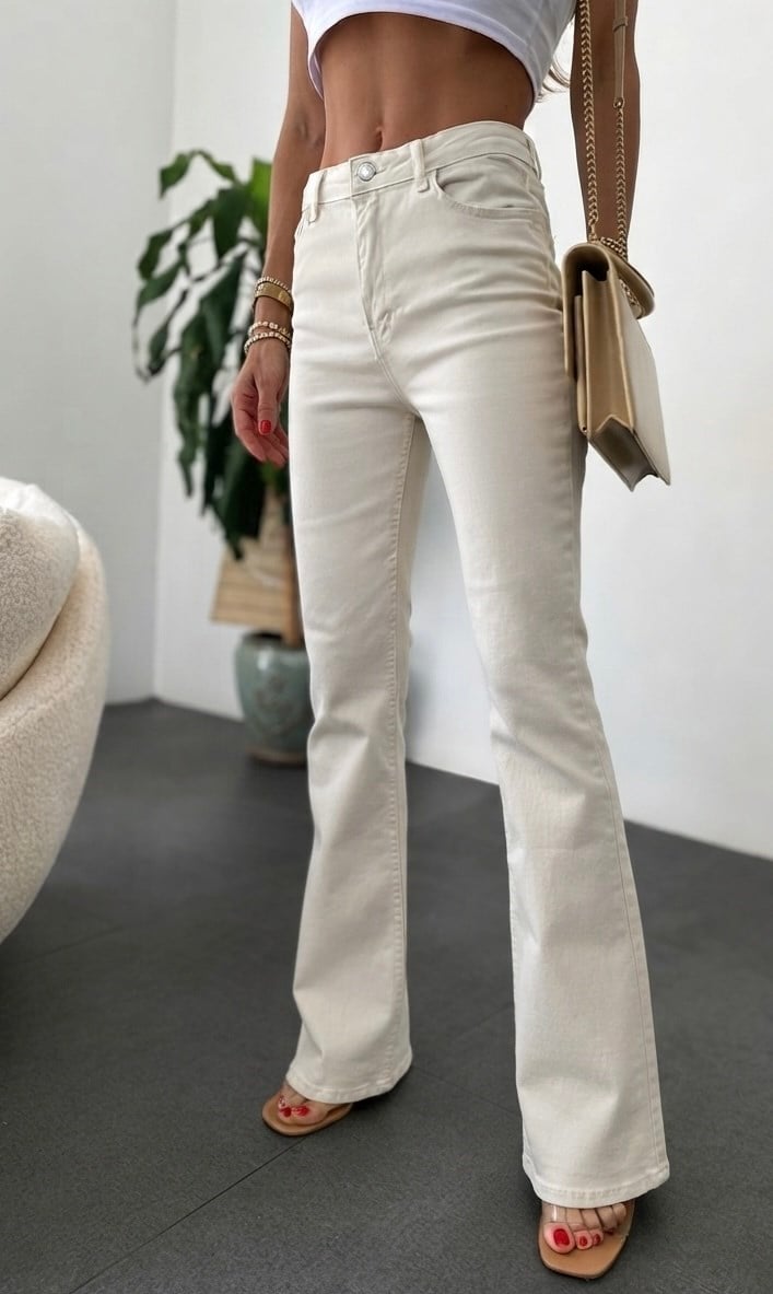 Premium Kalite Yüksek Bel Straight Jean Pantolon Krem