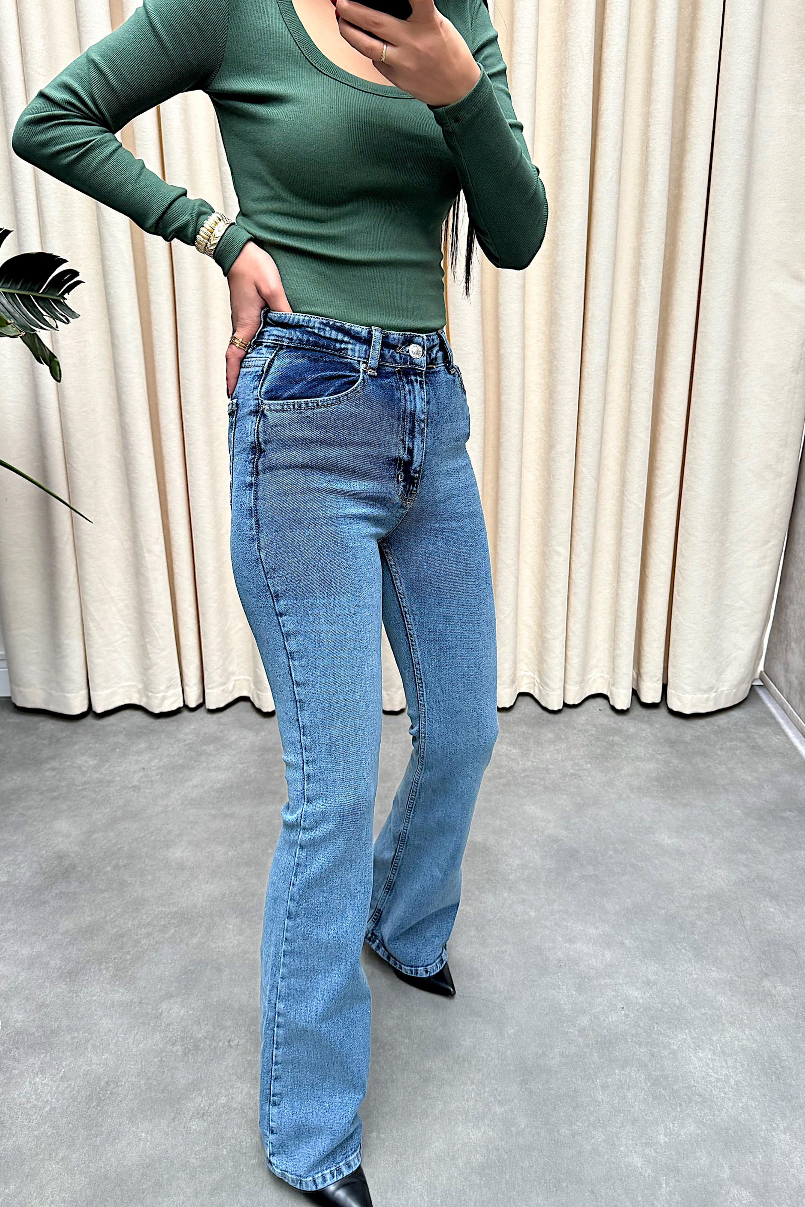 Premium Kalite Yüksek Bel Straight Jean Pantolon Açık Mavi