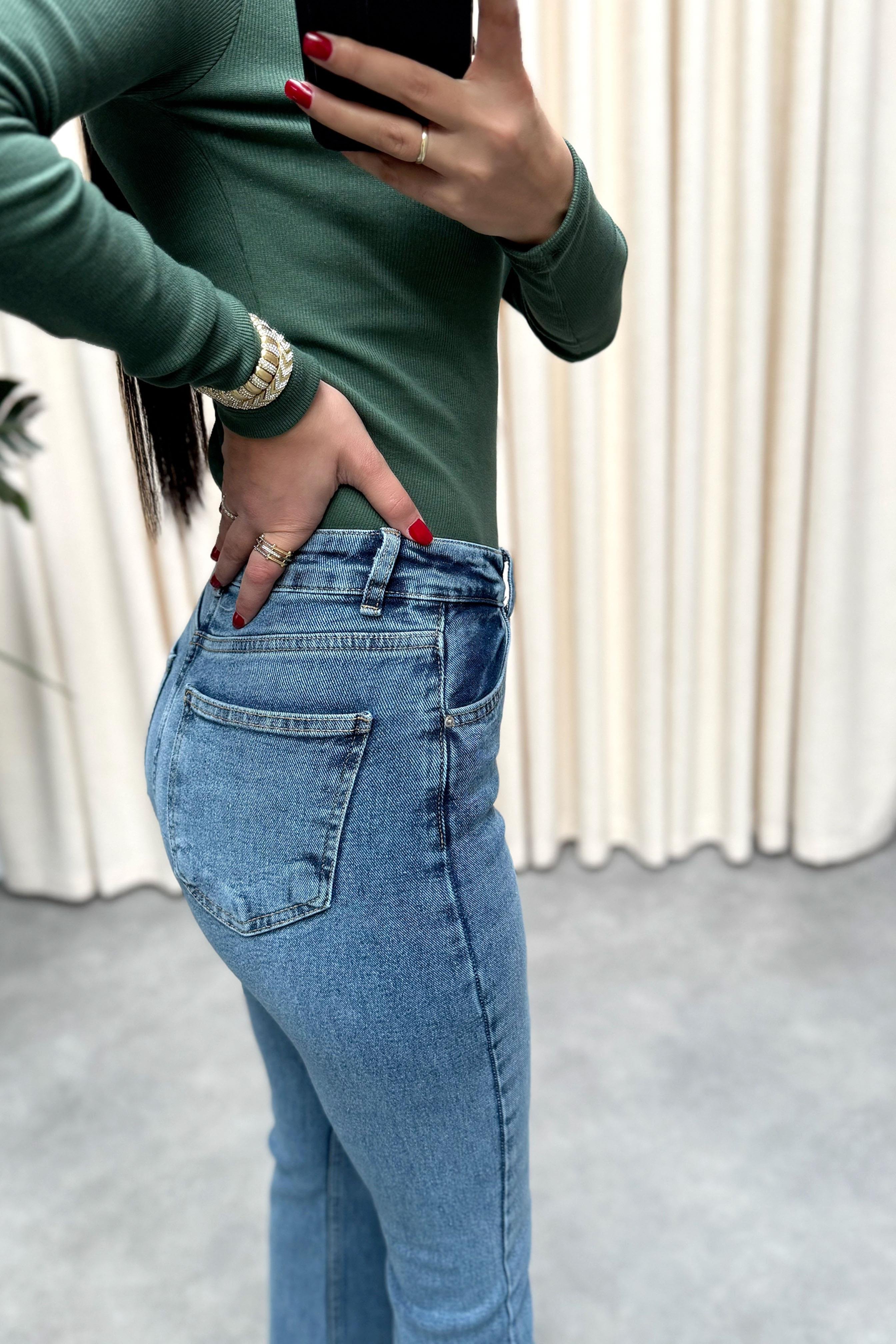 Premium Kalite Yüksek Bel Straight Jean Pantolon Açık Mavi