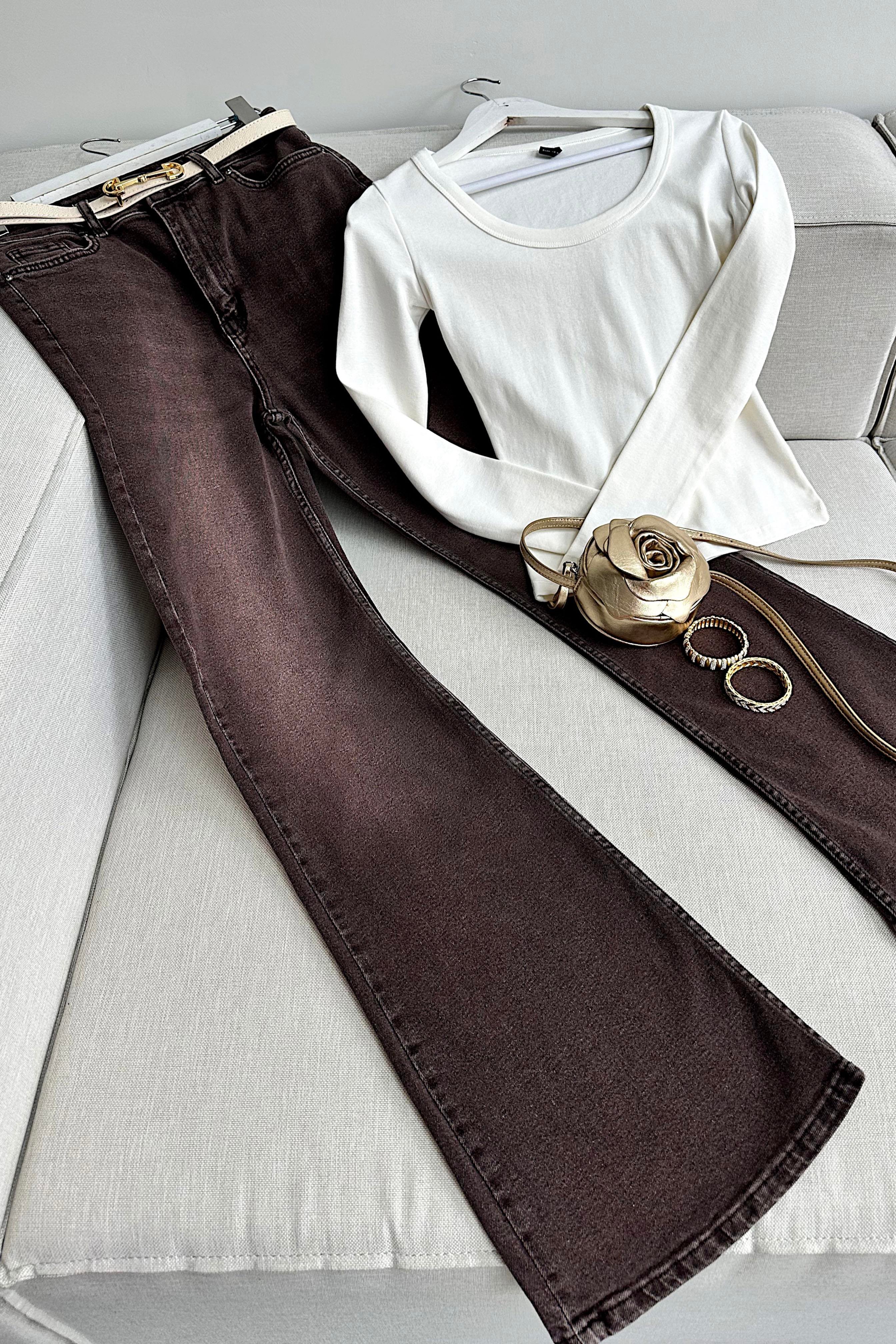 Premium Kalite Yüksek Bel Straight Jean Pantolon Kahverengi