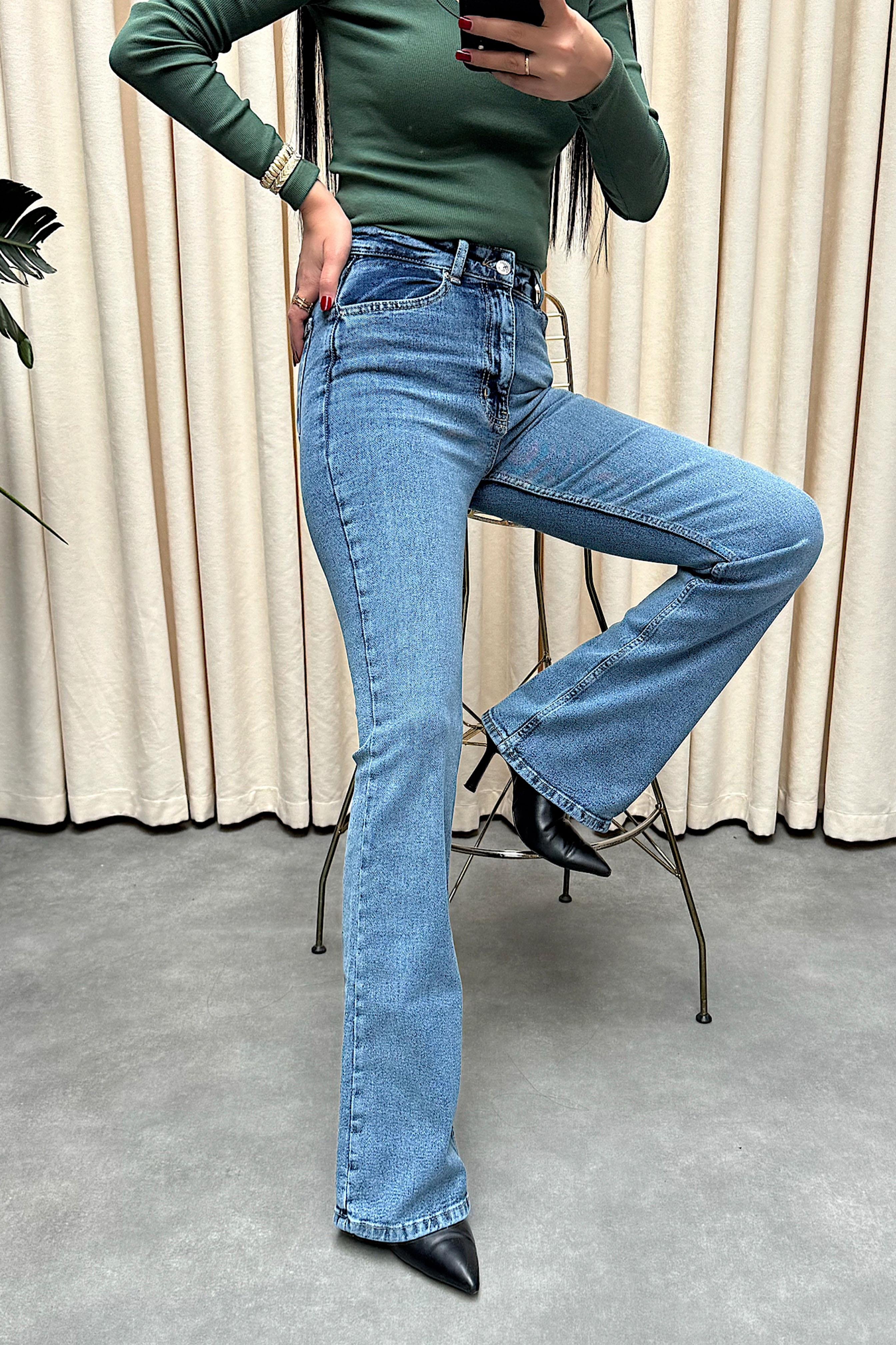 Premium Kalite Yüksek Bel Straight Jean Pantolon Açık Mavi