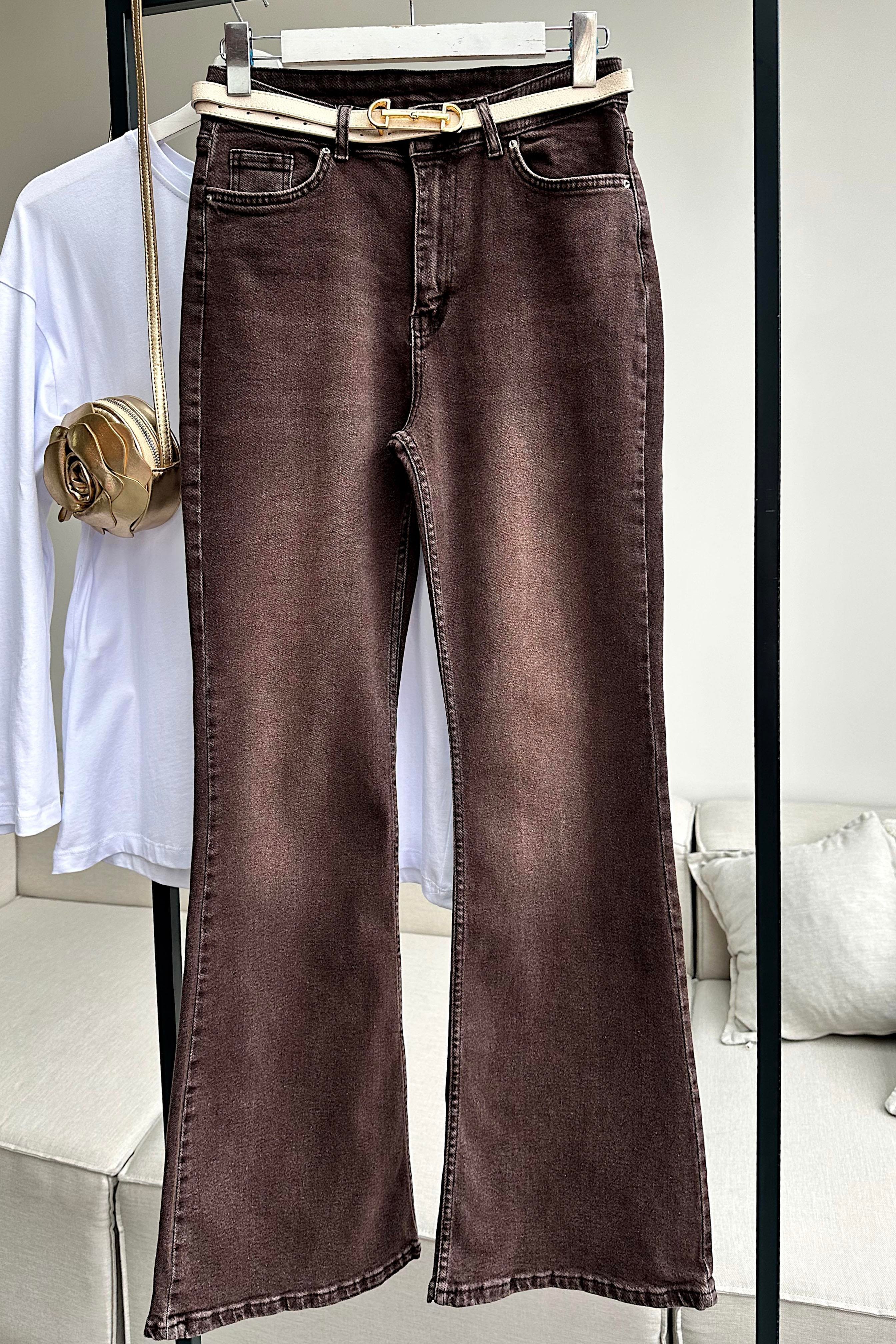 Premium Kalite Yüksek Bel Straight Jean Pantolon Kahverengi