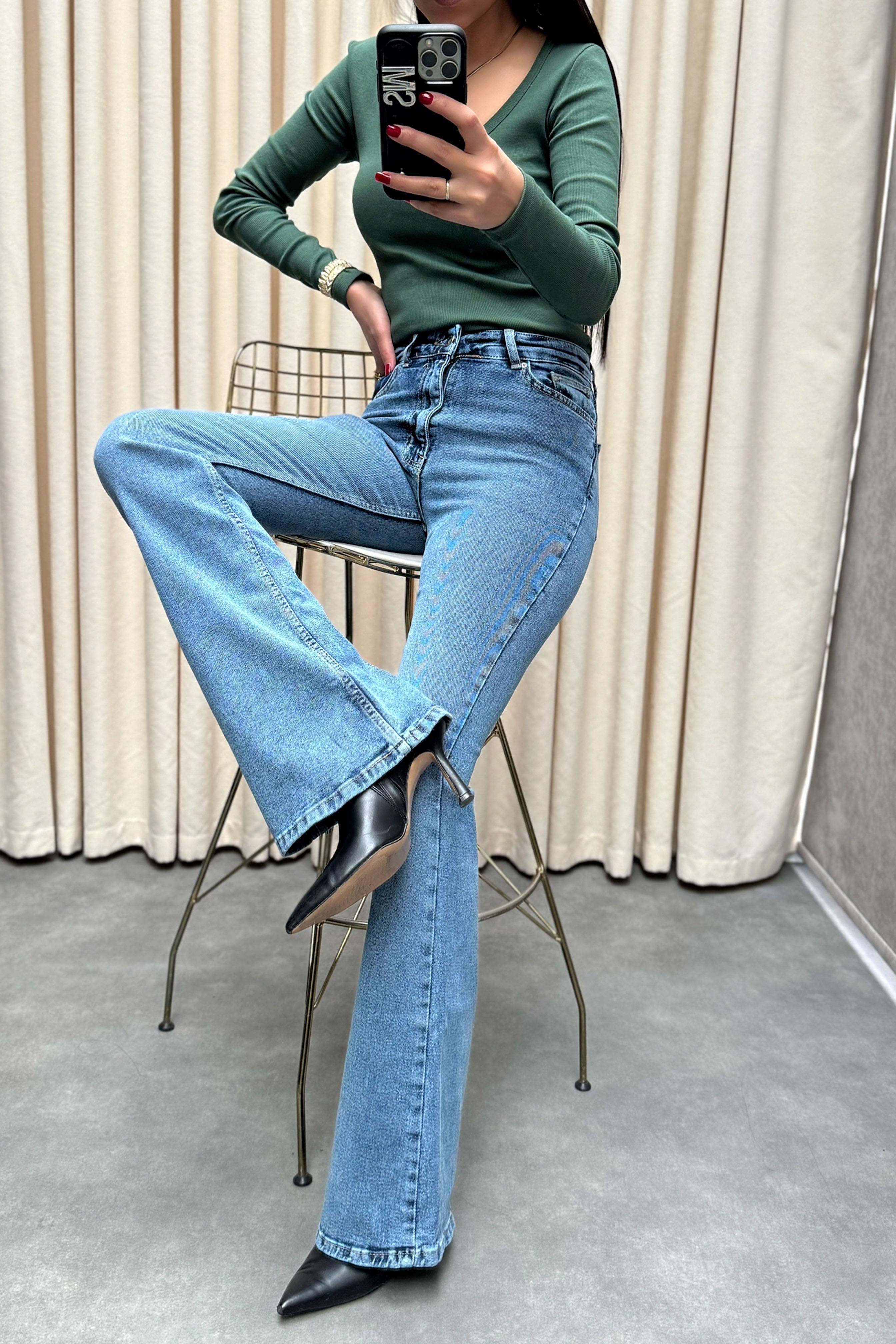 Premium Kalite Yüksek Bel Straight Jean Pantolon Açık Mavi