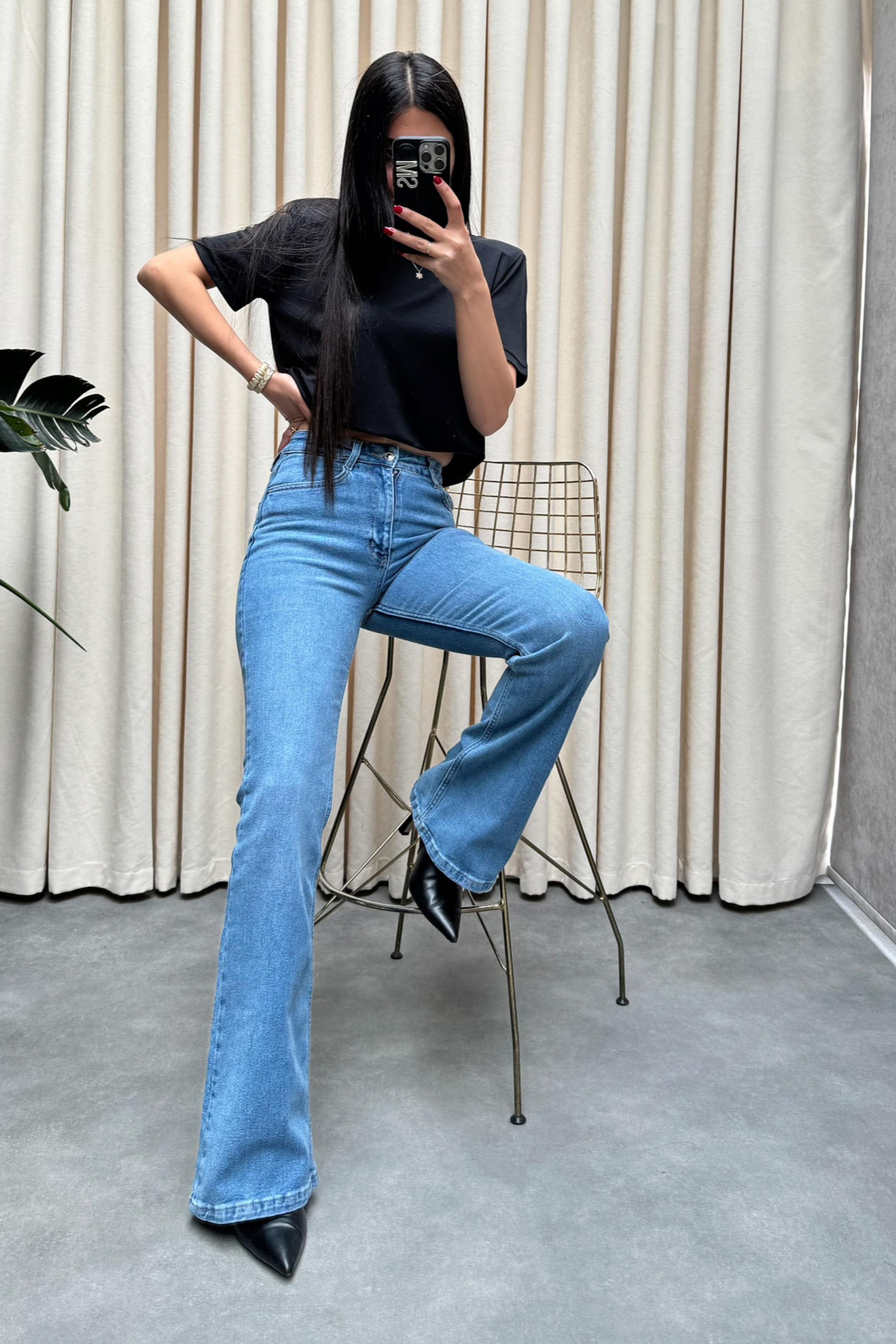 Premium Kalite Yüksek Bel Straight Jean Pantolon Buz Mavisi