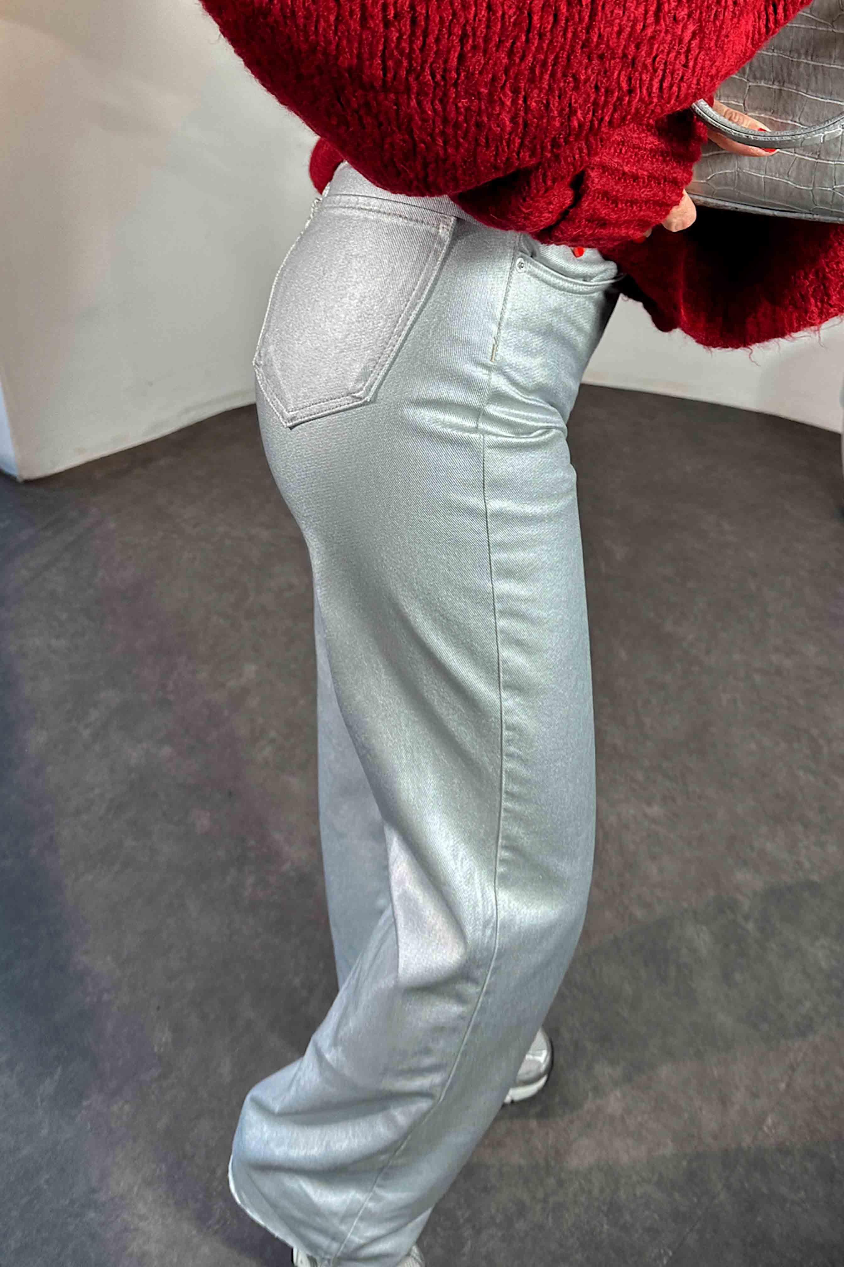 Premium Kalite Yüksek Bel Varaklı Jean Pantolon Silver