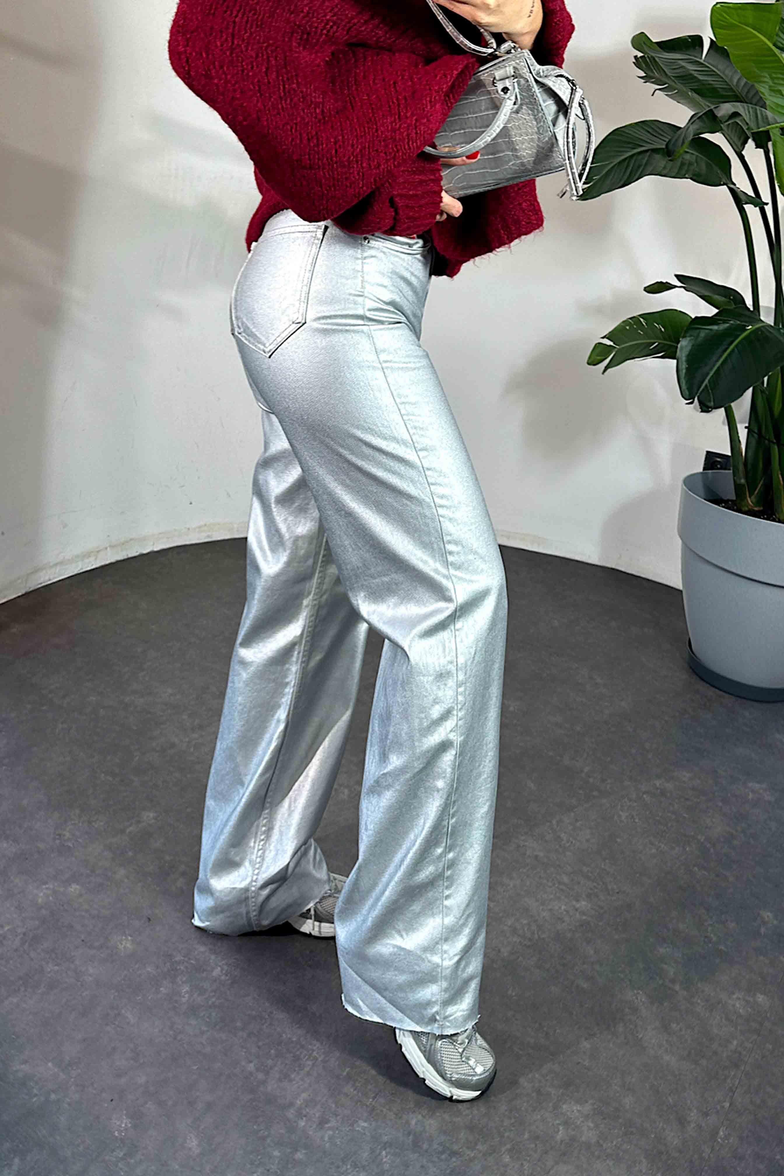Premium Kalite Yüksek Bel Varaklı Jean Pantolon Silver