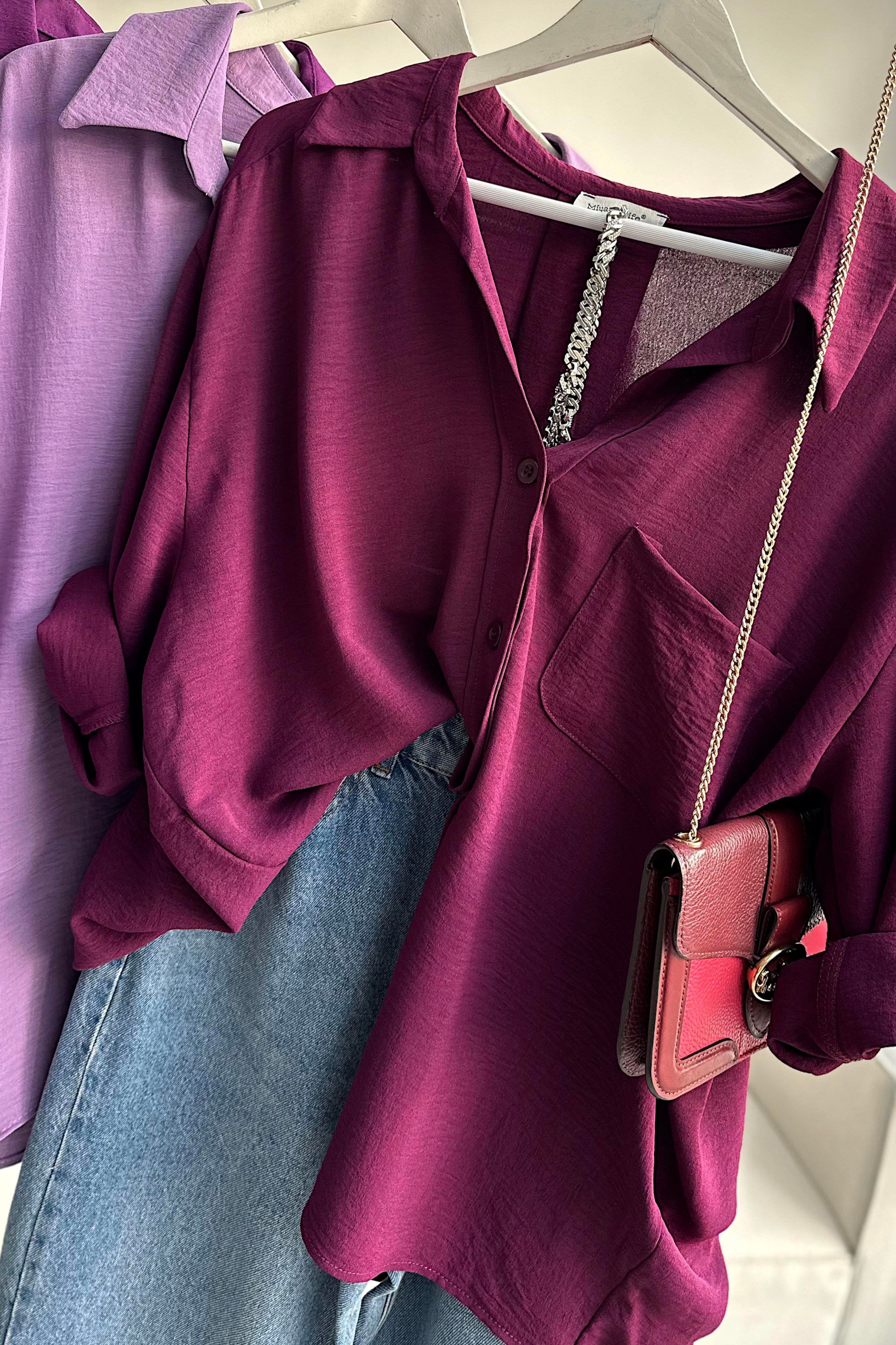 Premium Kalite Yumuşak Dokulu Cep Detaylı Oversize Gömlek Mürdüm