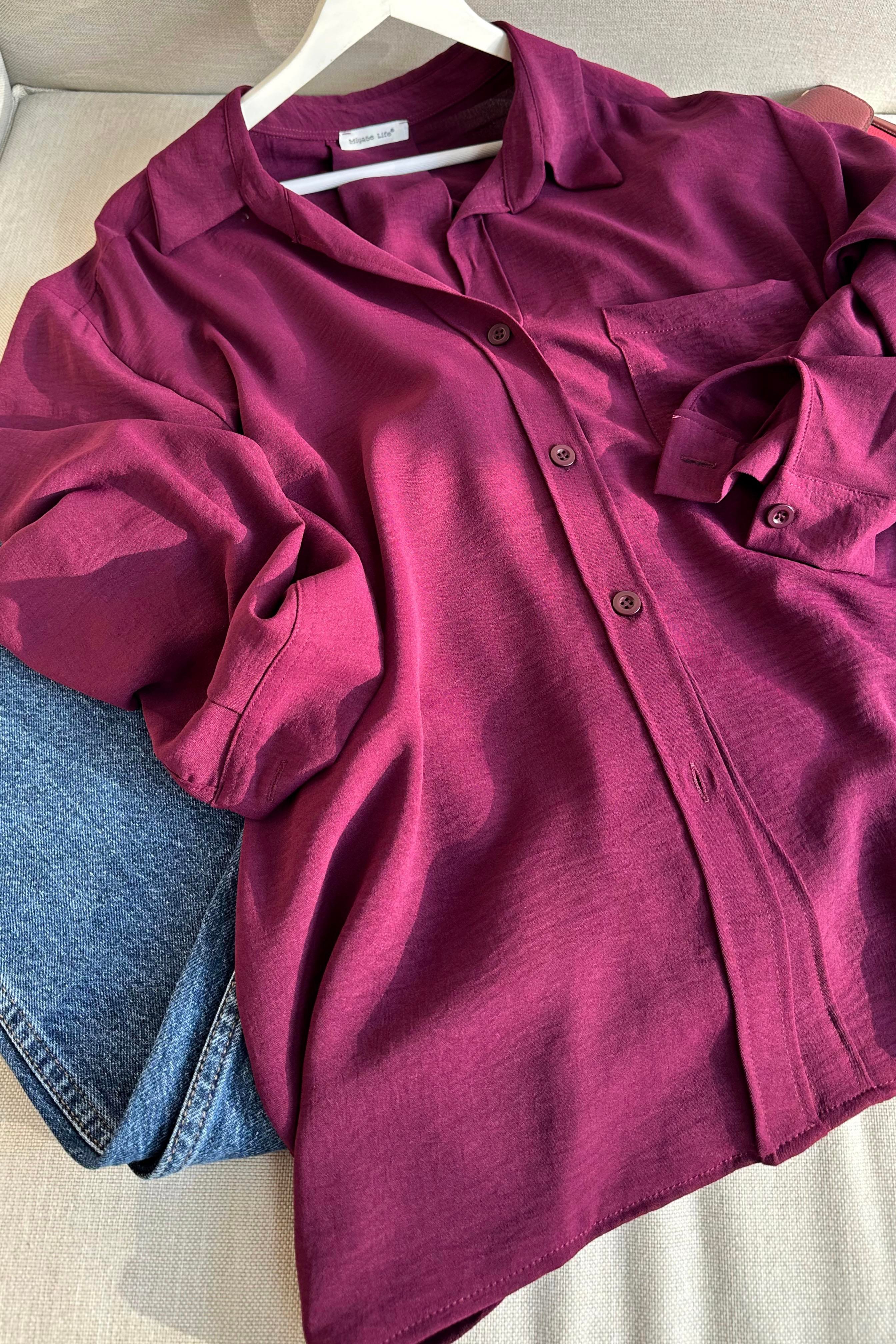 Premium Kalite Yumuşak Dokulu Cep Detaylı Oversize Gömlek Mürdüm