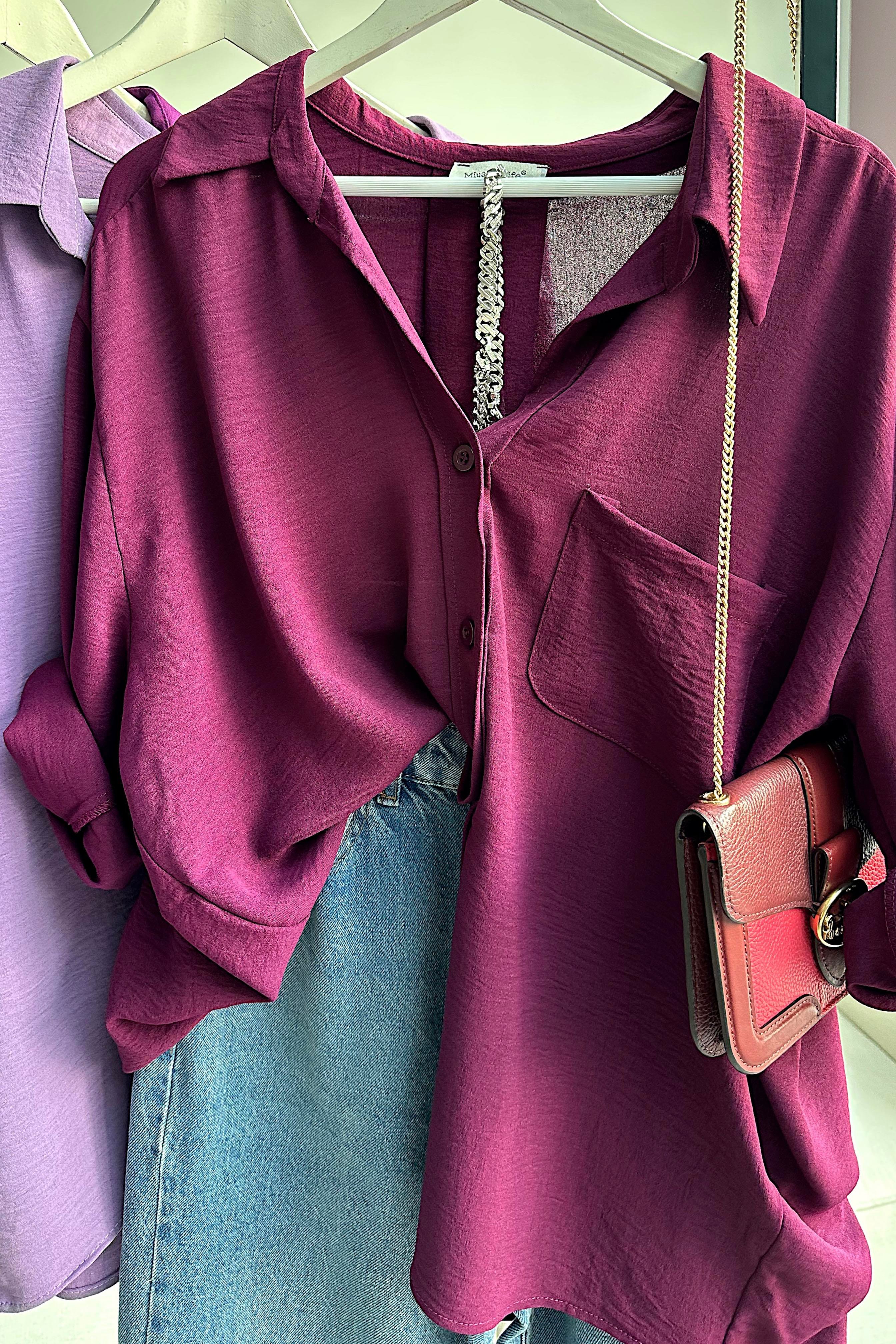 Premium Kalite Yumuşak Dokulu Cep Detaylı Oversize Gömlek Mürdüm