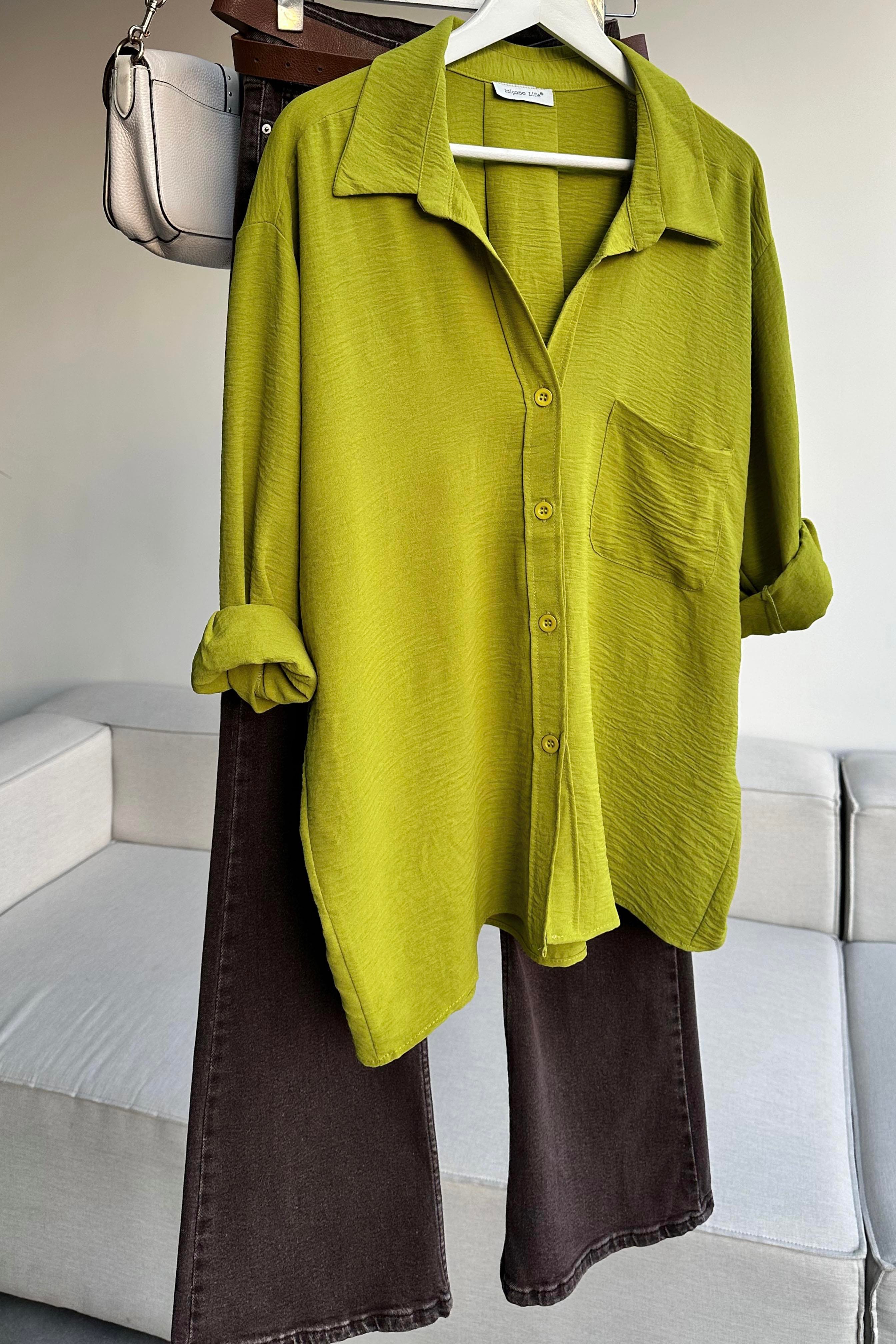 Premium Kalite Yumuşak Dokulu Cep Detaylı Oversize Gömlek Fıstık Yeşil