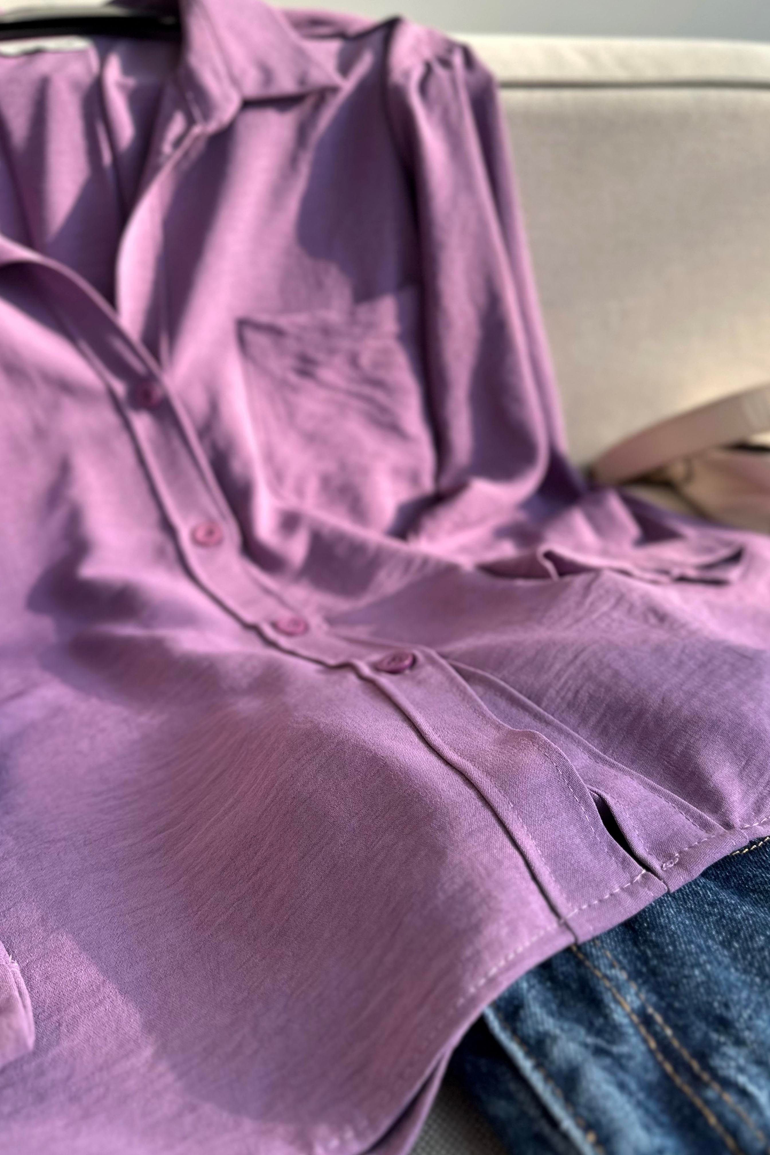 Premium Kalite Yumuşak Dokulu Cep Detaylı Oversize Gömlek Lila