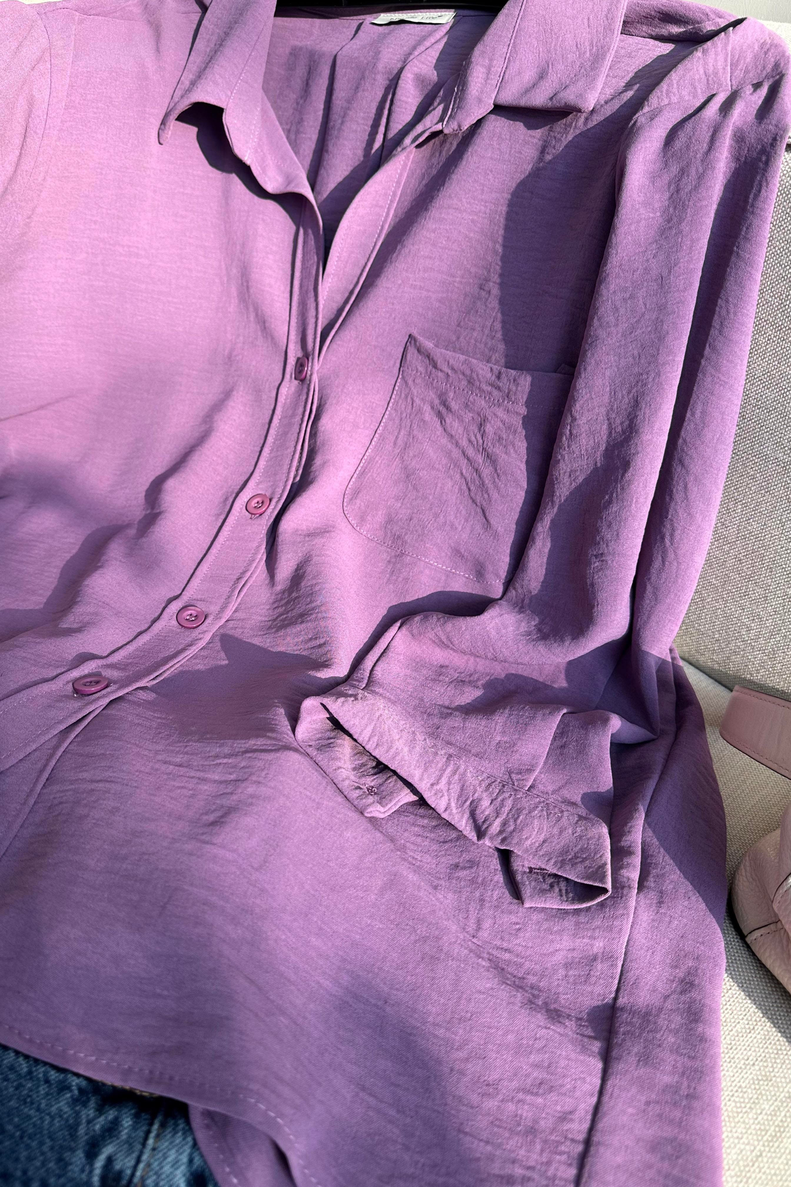 Premium Kalite Yumuşak Dokulu Cep Detaylı Oversize Gömlek Lila