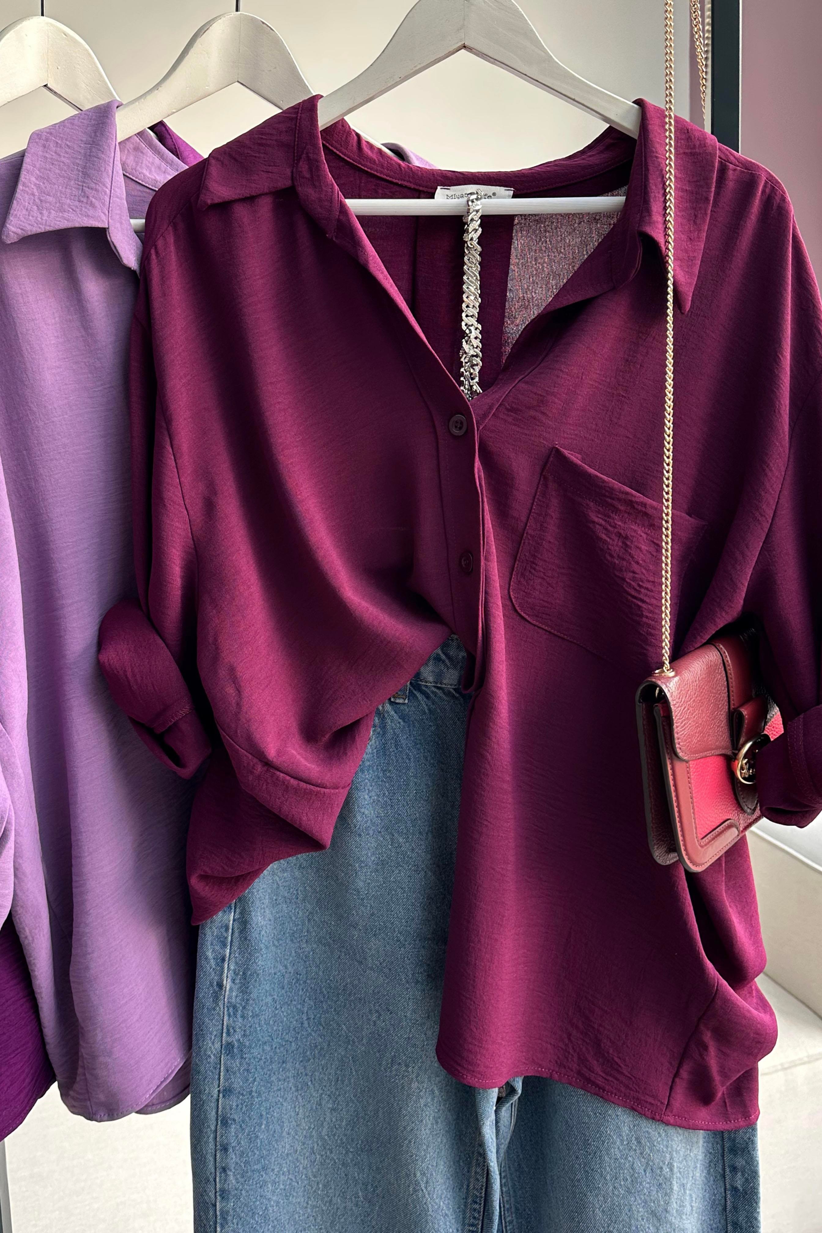 Premium Kalite Yumuşak Dokulu Cep Detaylı Oversize Gömlek Mürdüm