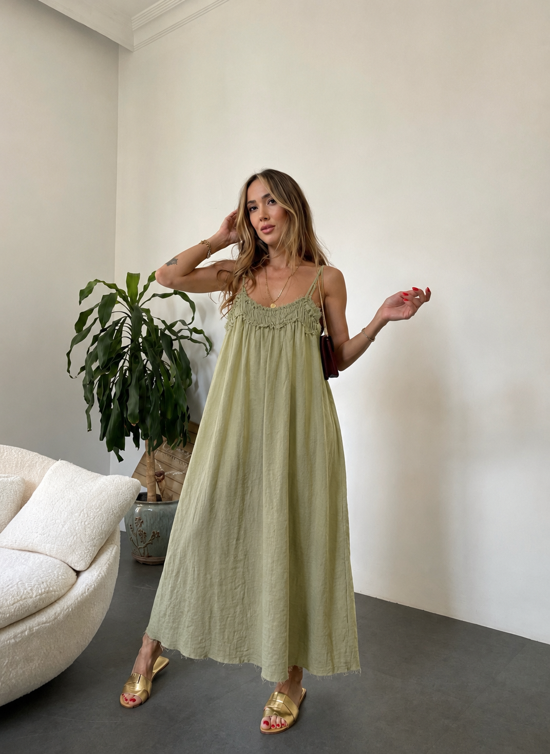 Premium Seri %100 Organik Kumaş Maxi Salaş Elbise Naturel Haki