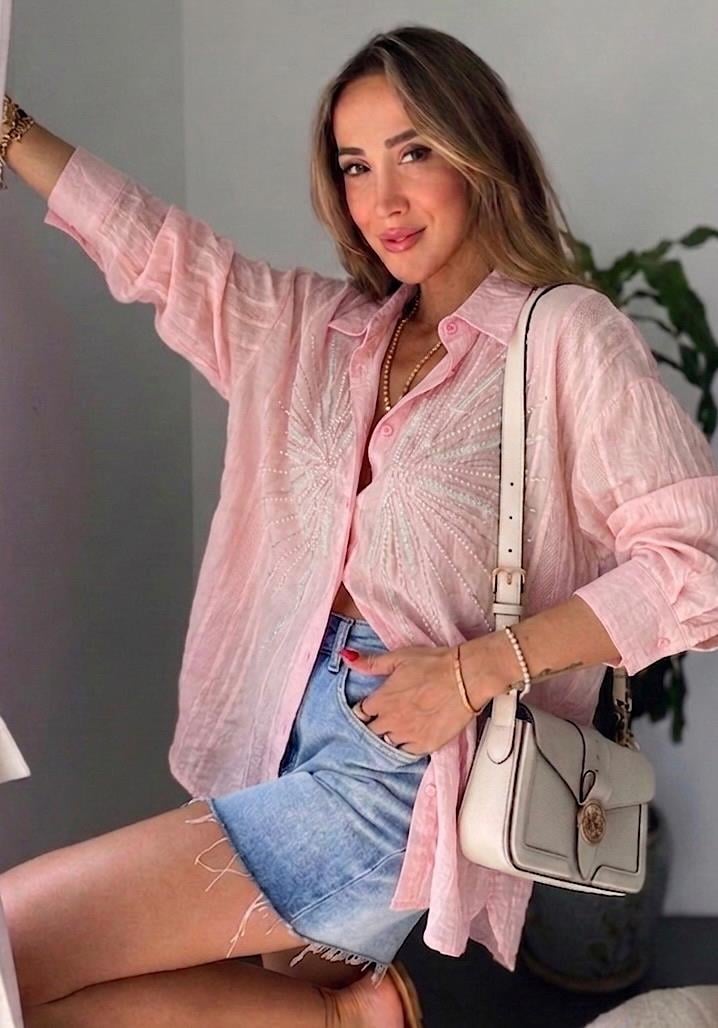 Premium Seri Boncuk İşlemeli Neva Gömlek Pembe