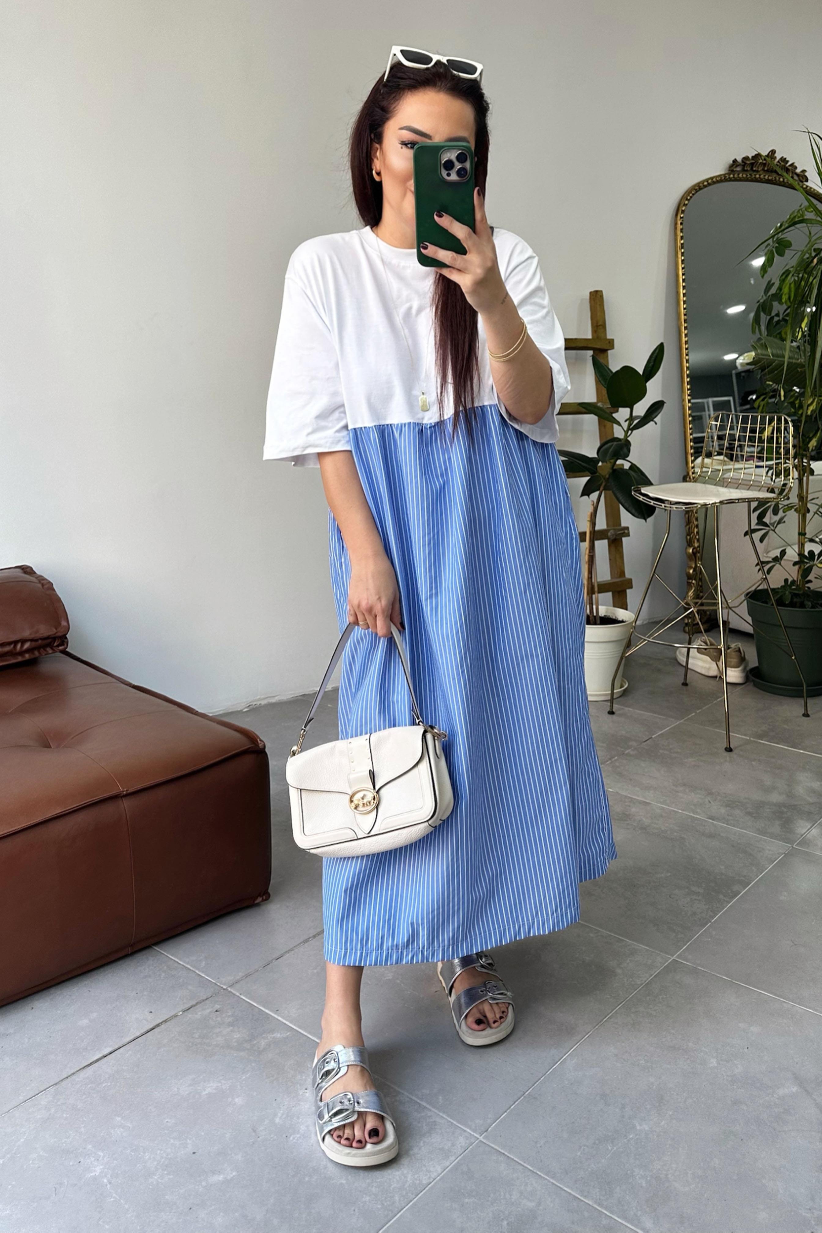 Premium Seri Candy Çizgili Oversize Midi Elbise Mavi
