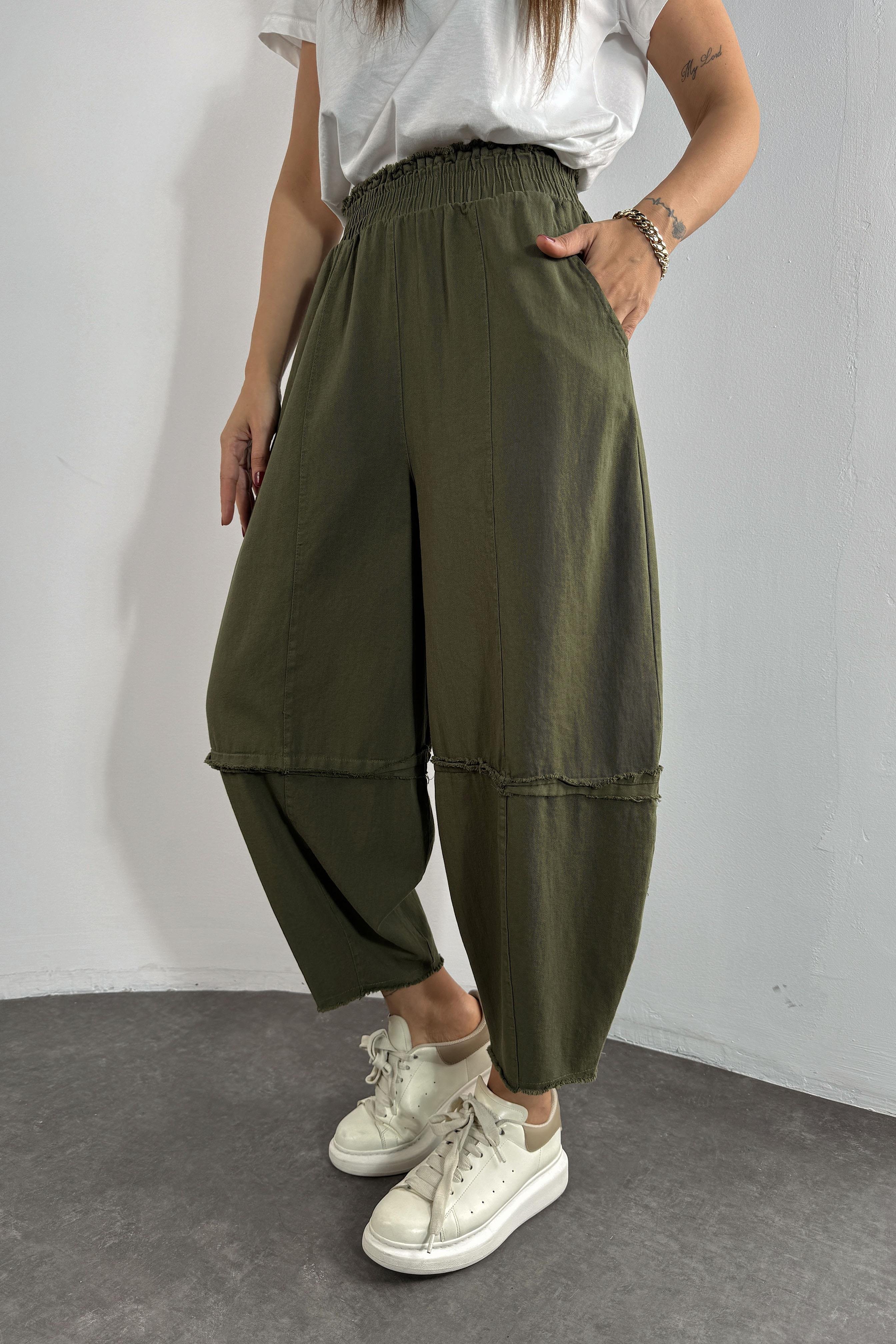 Premium Seri Gabardin Kumaş Paçası Kesik Şalvar Pantolon Haki
