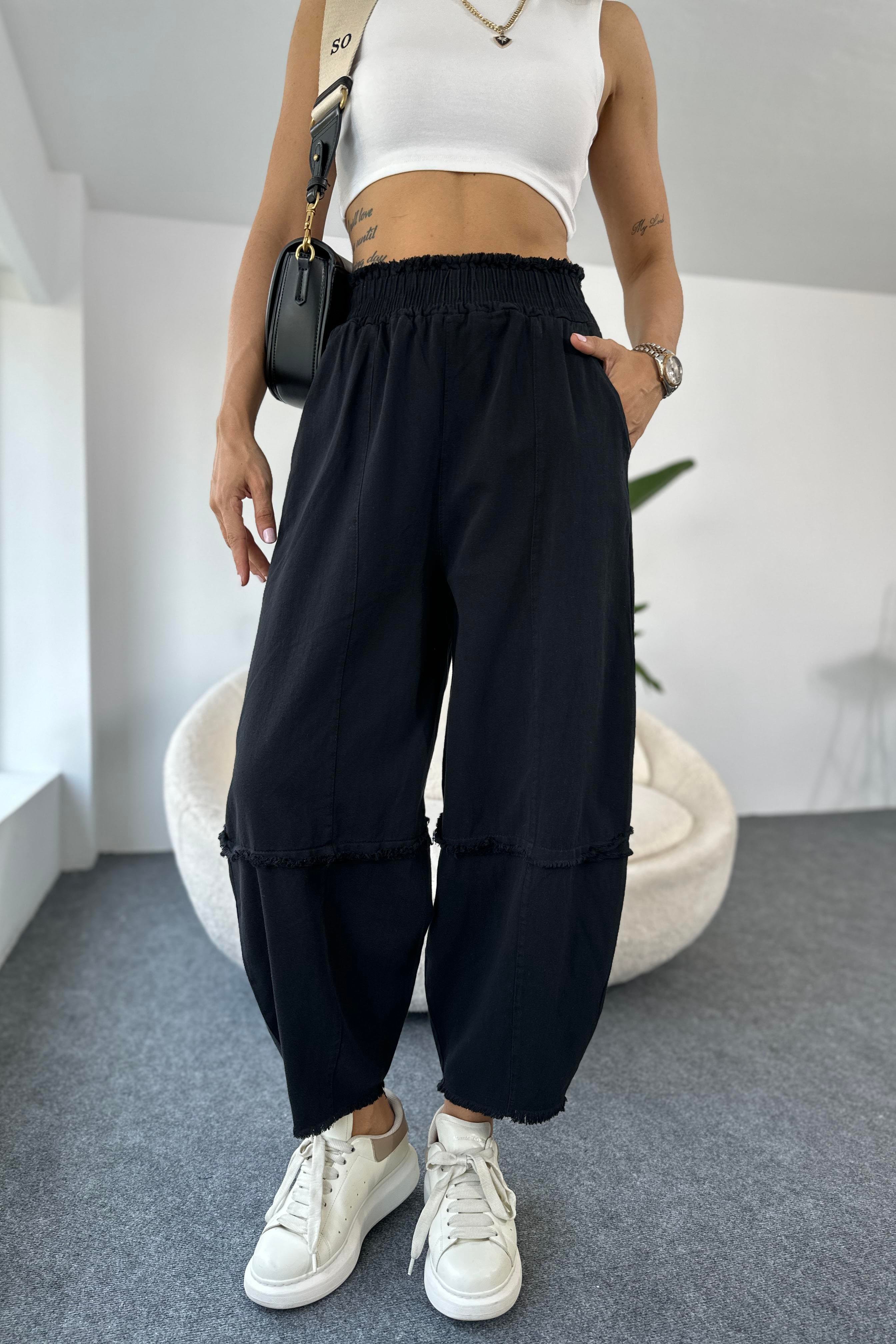 Premium Seri Gabardin Kumaş Paçası Kesik Şalvar Pantolon Siyah