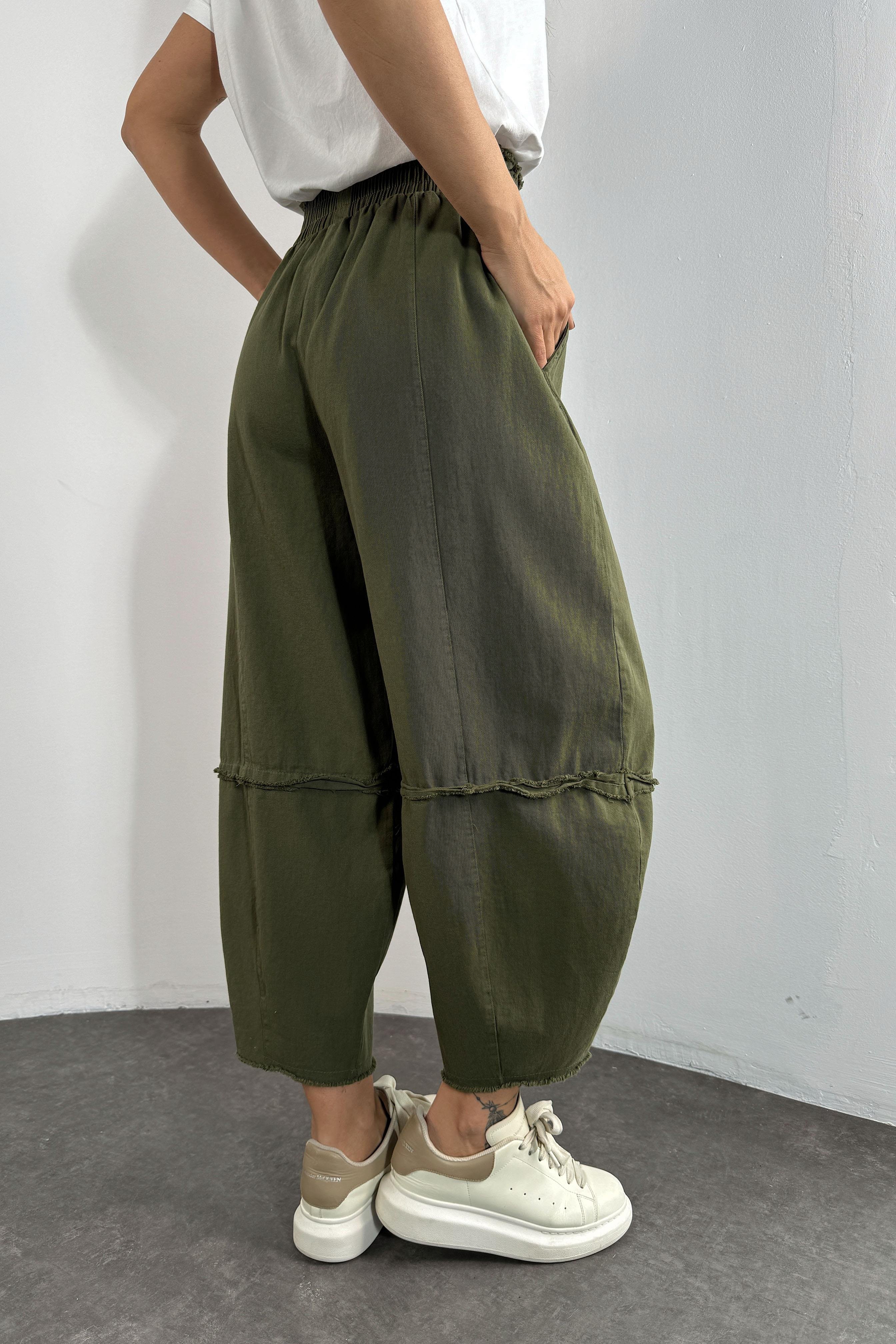 Premium Seri Gabardin Kumaş Paçası Kesik Şalvar Pantolon Haki