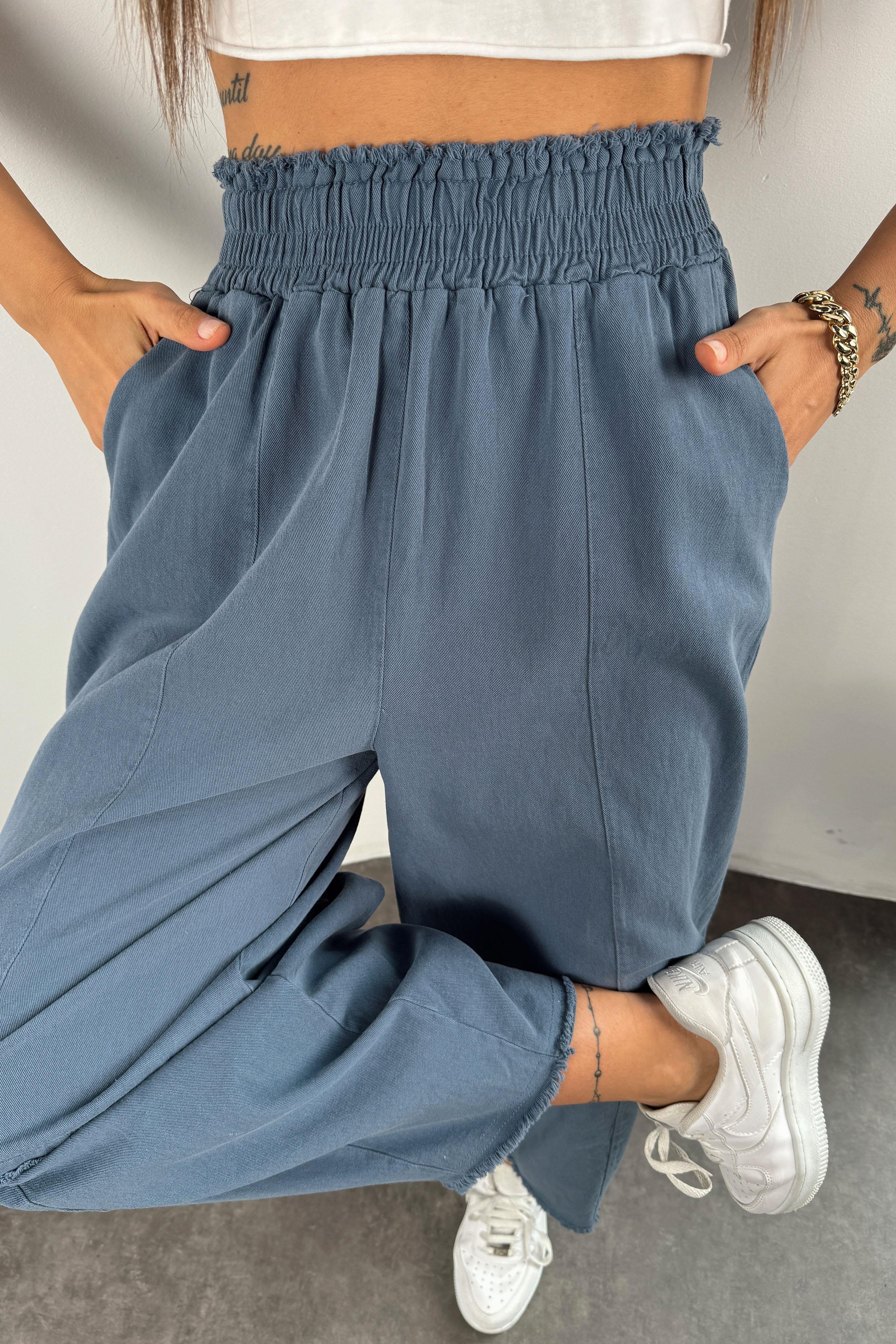 Premium Seri Gabardin Kumaş Paçası Kesik Şalvar Pantolon İndigo Mavi