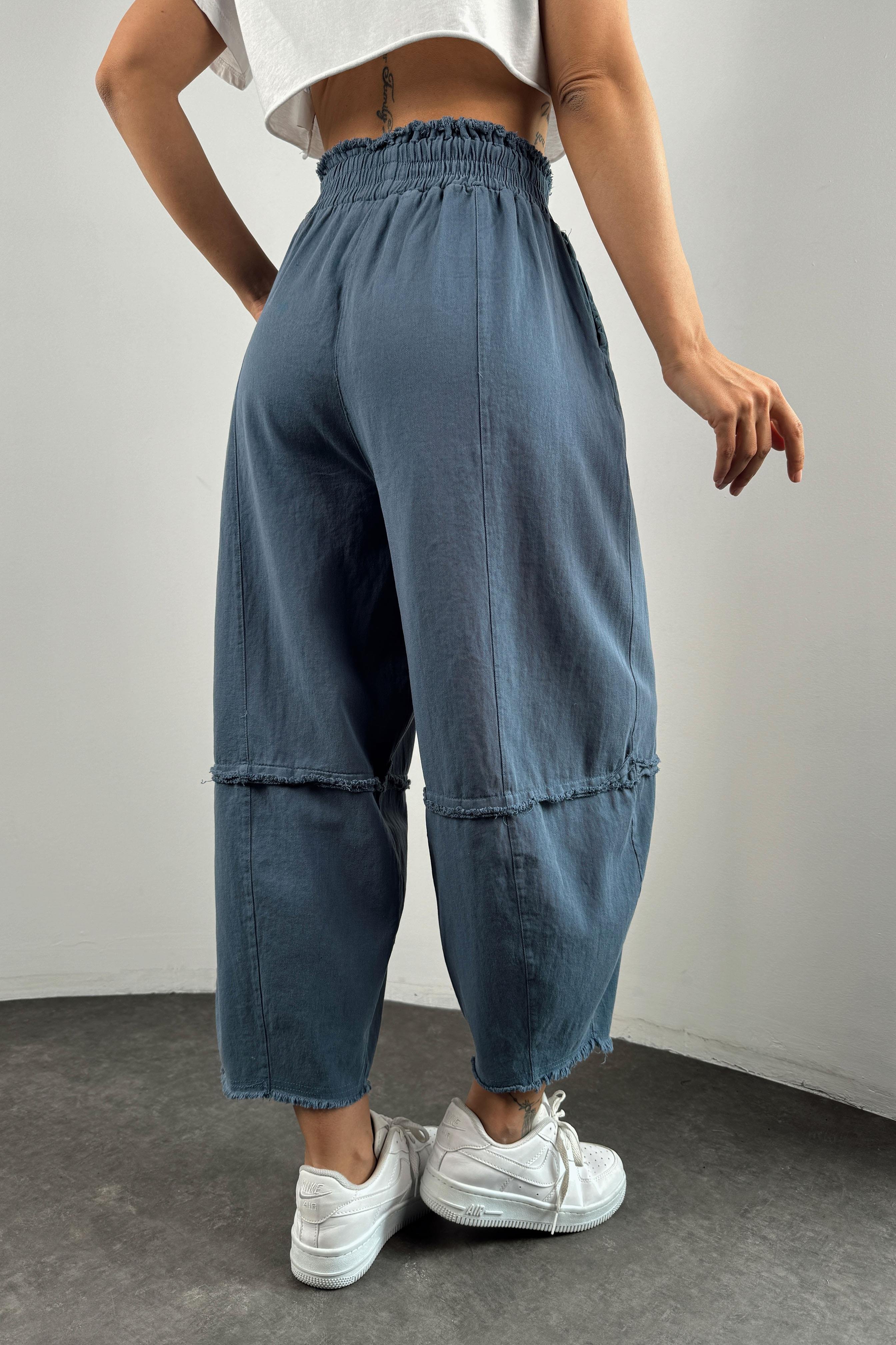Premium Seri Gabardin Kumaş Paçası Kesik Şalvar Pantolon İndigo Mavi