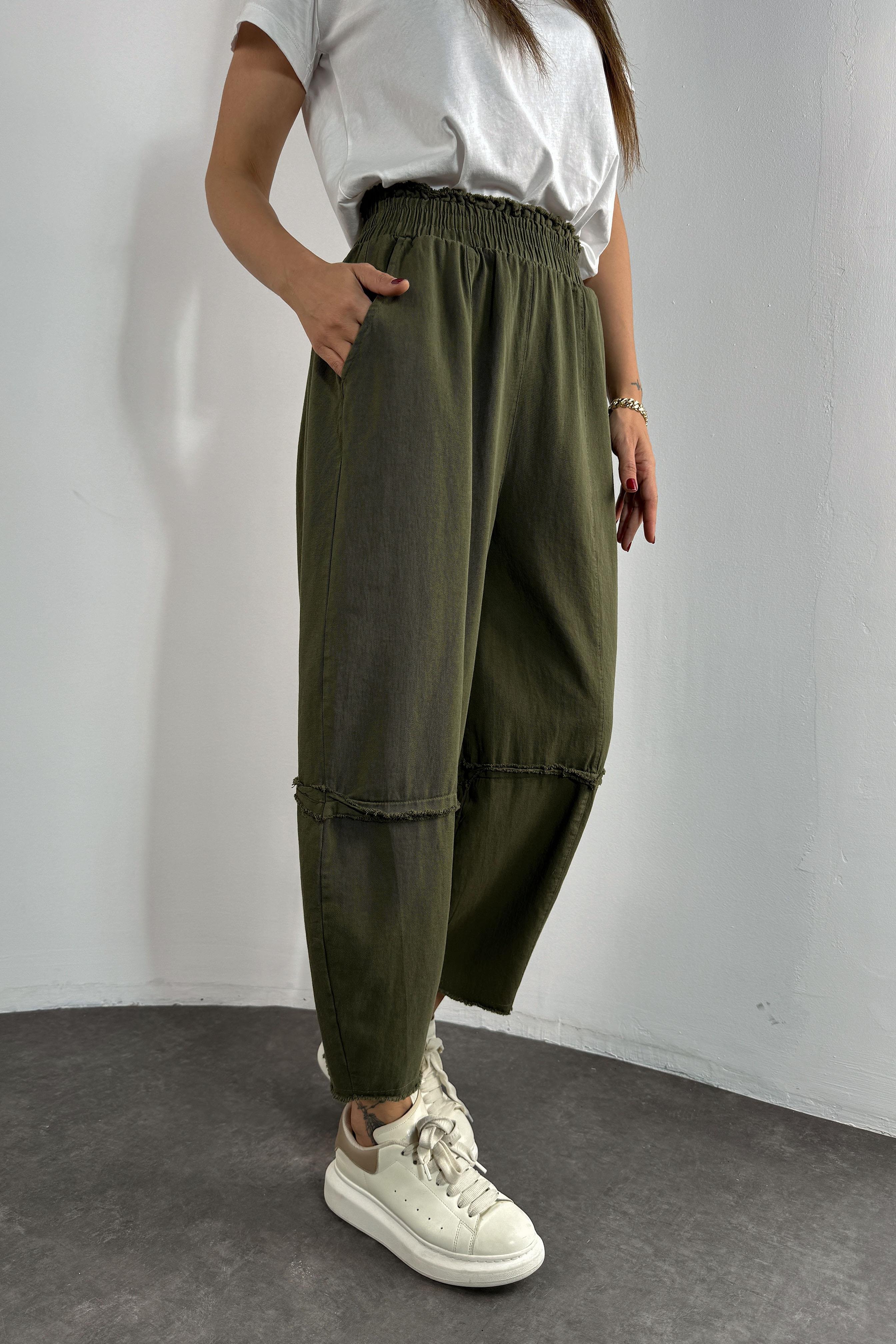 Premium Seri Gabardin Kumaş Paçası Kesik Şalvar Pantolon Haki
