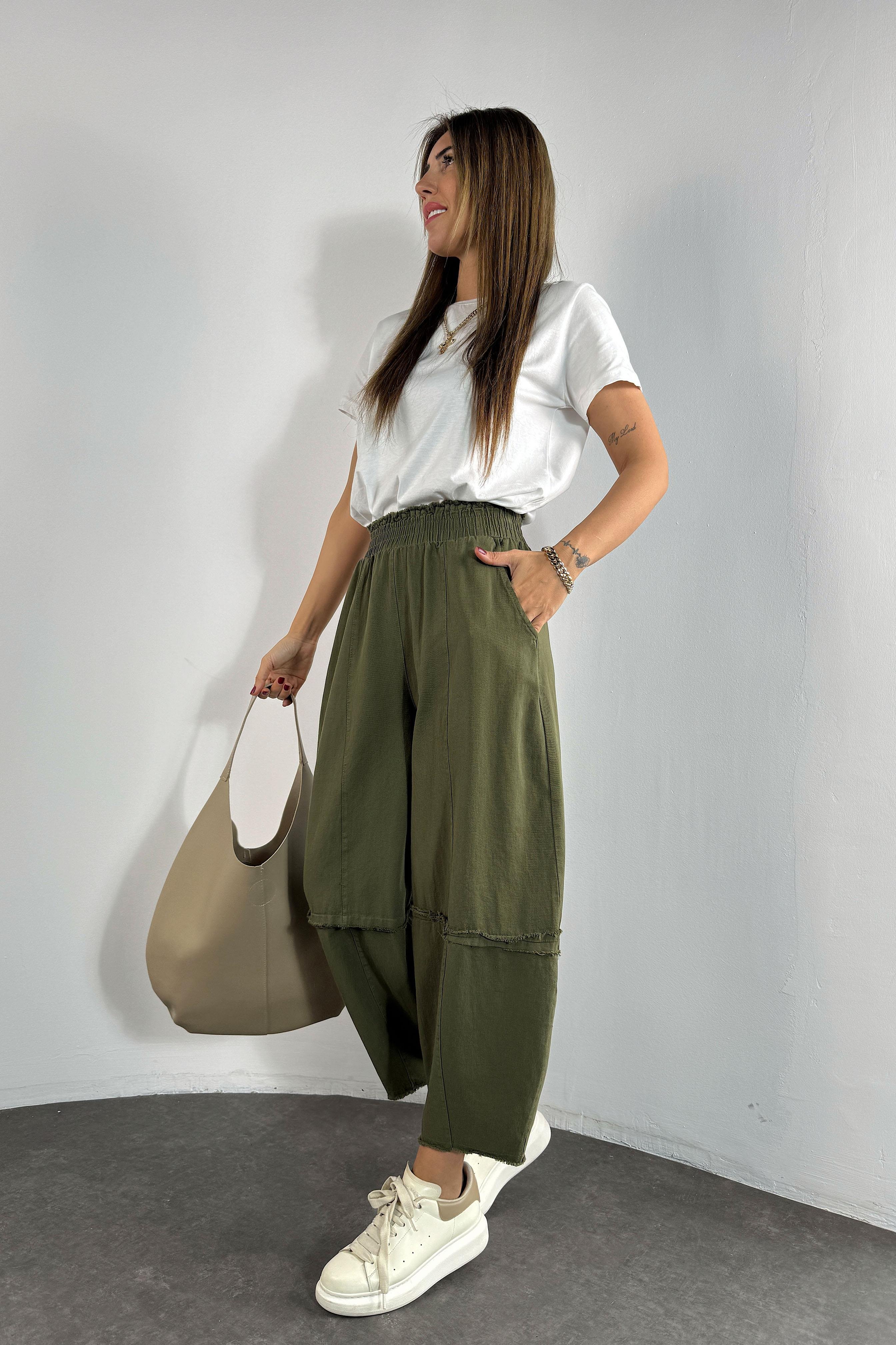 Premium Seri Gabardin Kumaş Paçası Kesik Şalvar Pantolon Haki