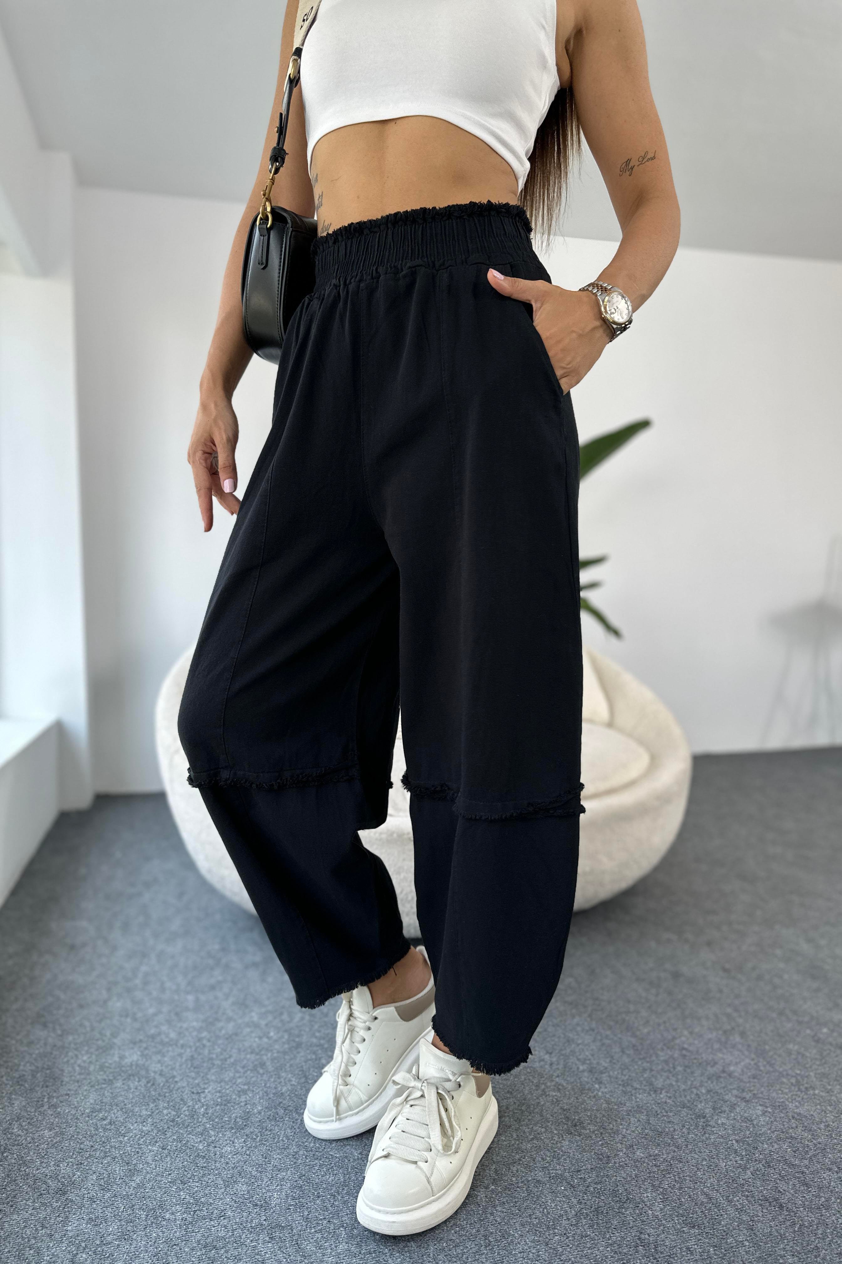 Premium Seri Gabardin Kumaş Paçası Kesik Şalvar Pantolon Siyah