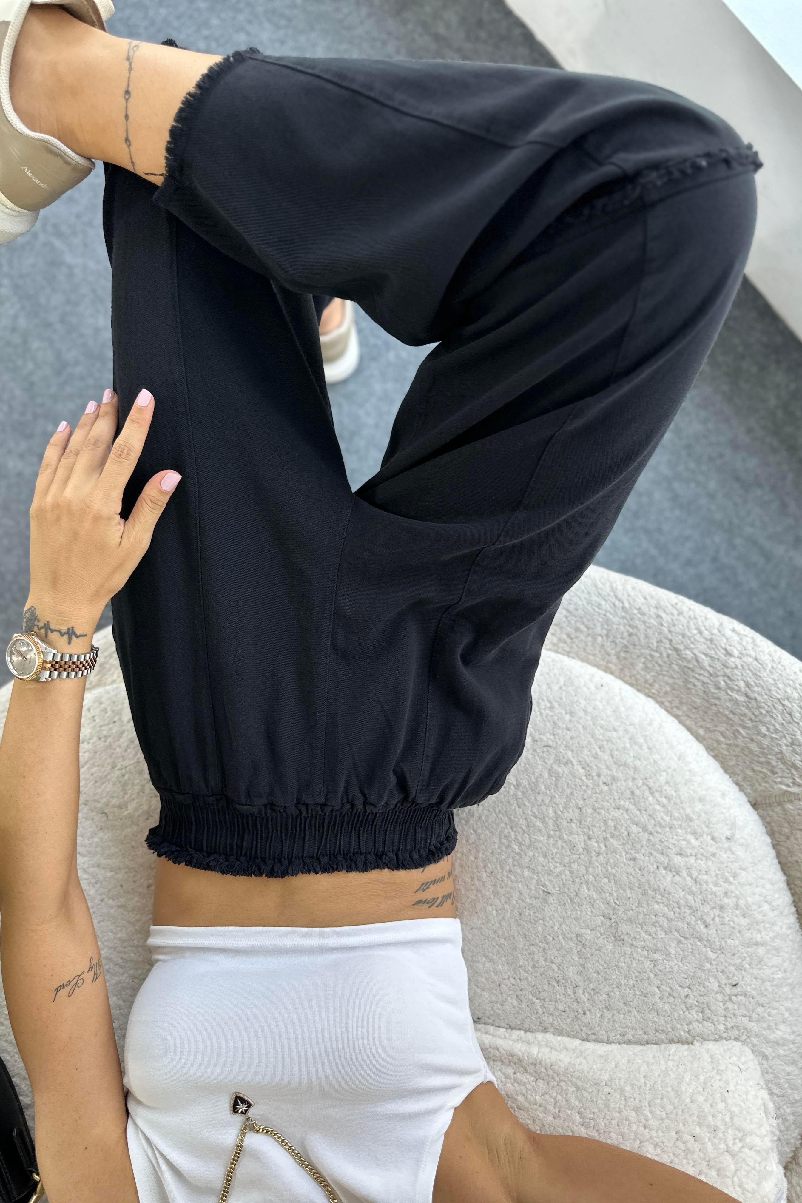 Premium Seri Gabardin Kumaş Paçası Kesik Şalvar Pantolon Siyah