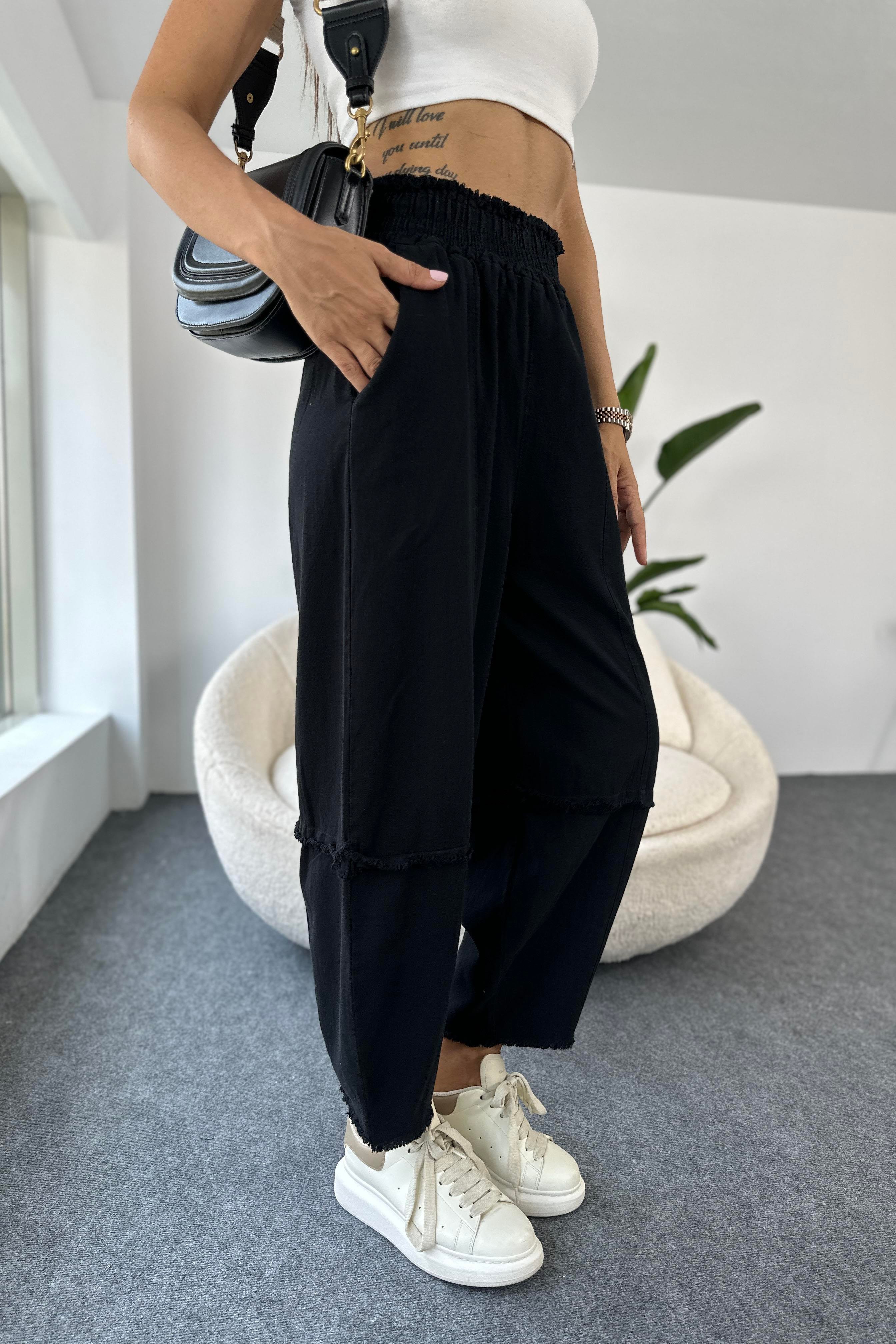 Premium Seri Gabardin Kumaş Paçası Kesik Şalvar Pantolon Siyah