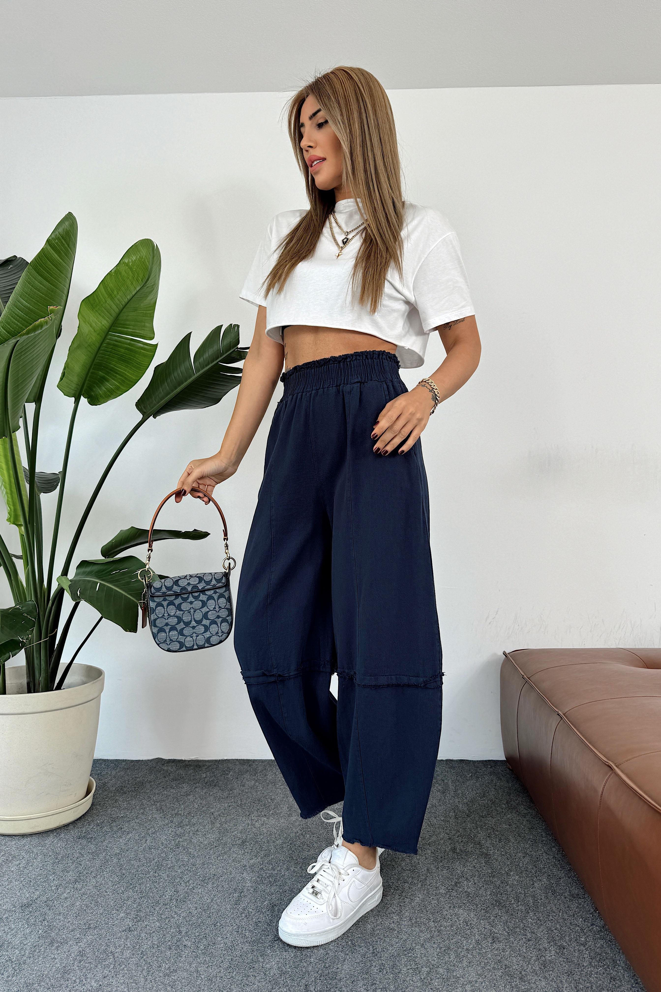 Premium Seri Gabardin Kumaş Paçası Kesik Şalvar Pantolon Lacivert