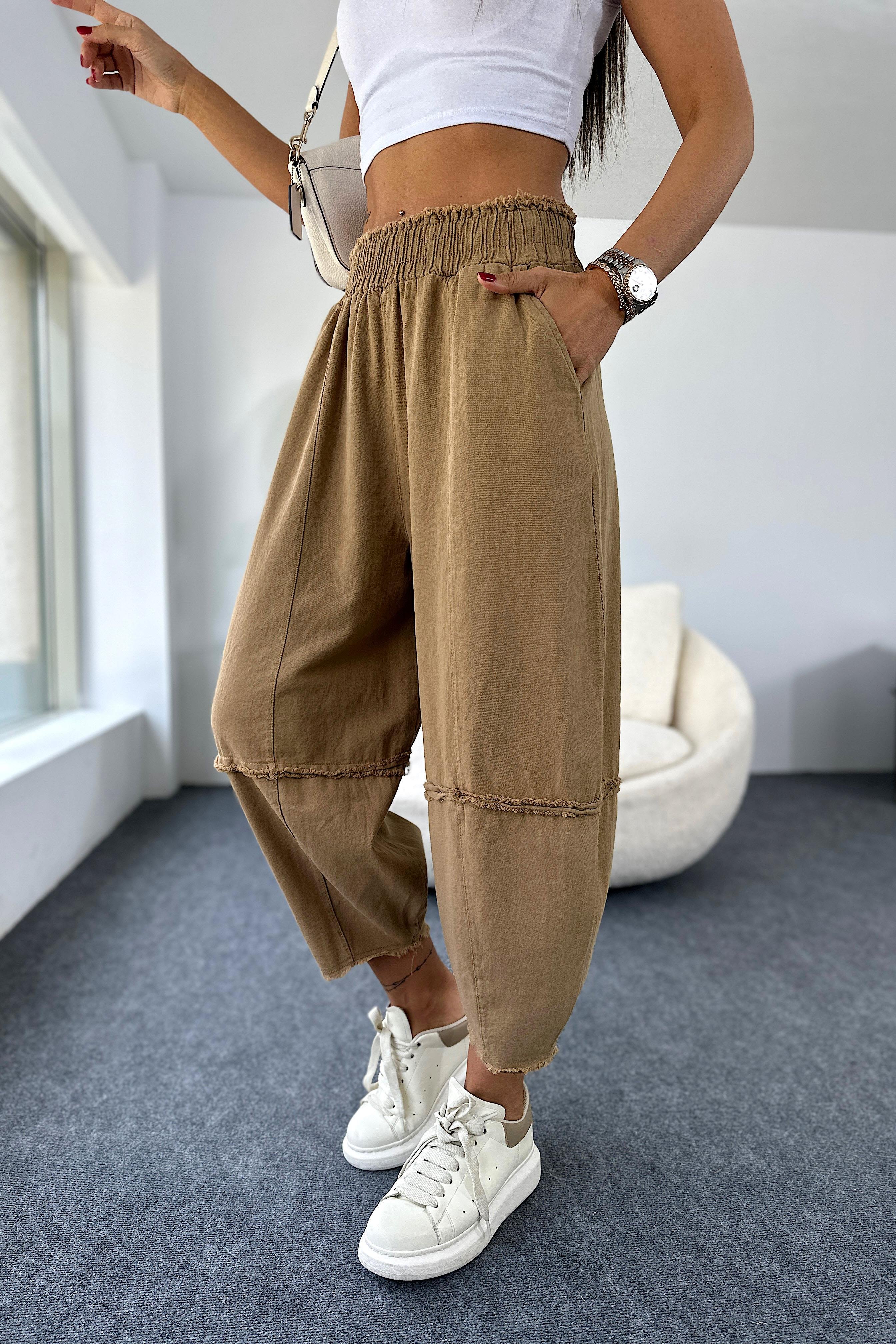 Premium Seri Gabardin Kumaş Paçası Kesik Şalvar Pantolon Sütlü Kahve