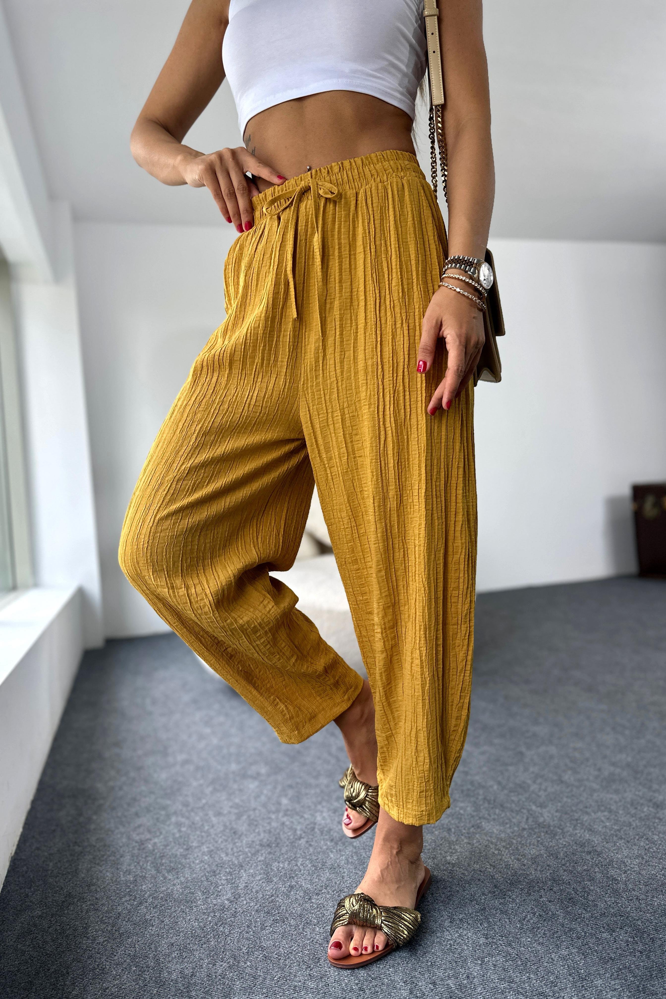 Premium Seri Gofre Kumaş Cepli Şalvar Pantolon Hardal