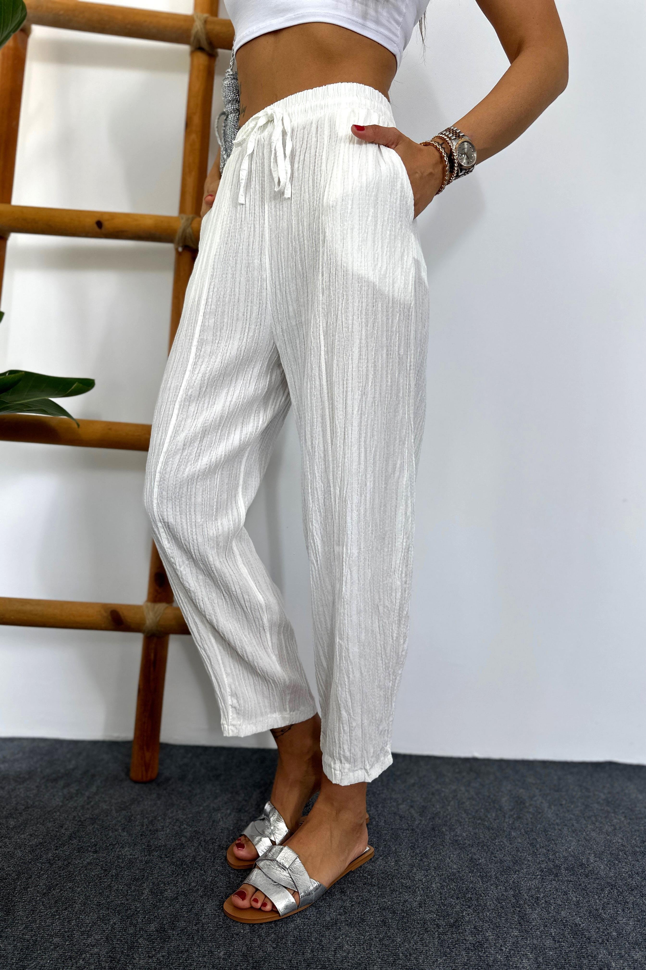 Premium Seri Gofre Kumaş Cepli Şalvar Pantolon Beyaz