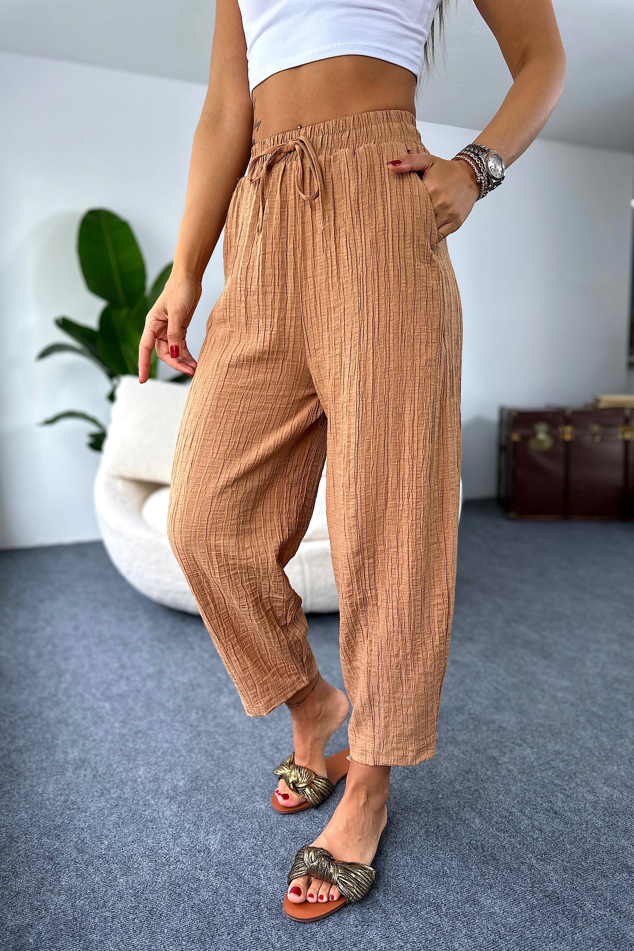 Premium Seri Gofre Kumaş Cepli Şalvar Pantolon Camel